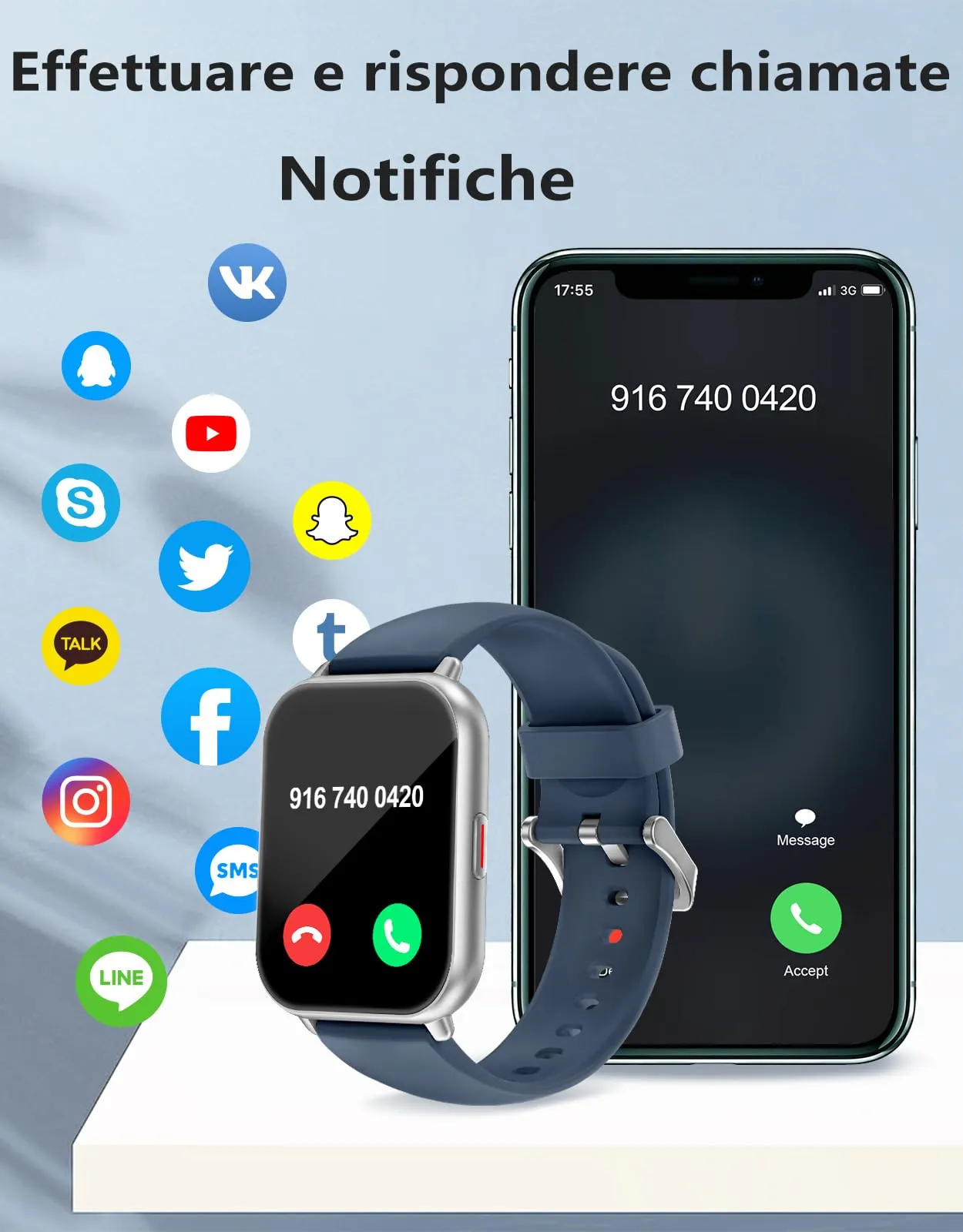 RUIMEN Smartwatch Bluetooth AMOLED 1.83", Fitness Tracker IP68 con Cardiofrequenzimetro, Saturimetro e Notifiche, Compatibile Android e iOS, Blu - immagine 3