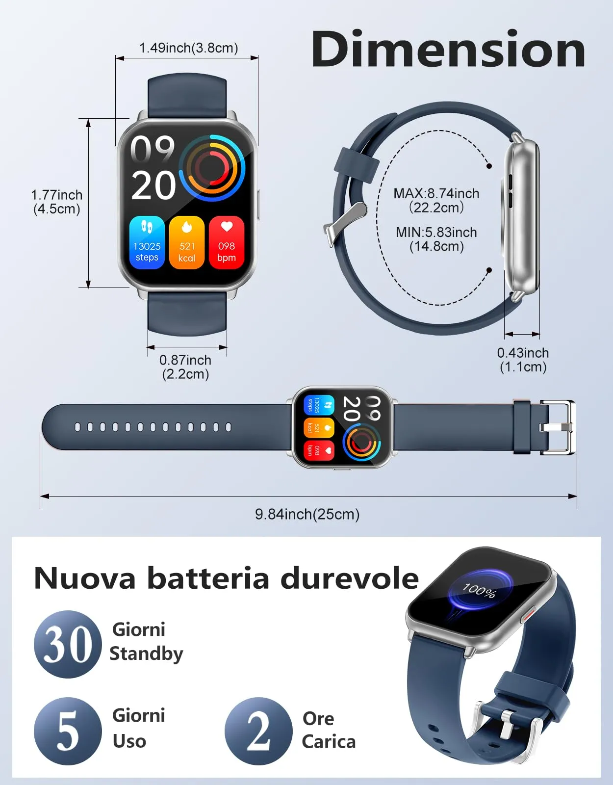 RUIMEN Smartwatch Bluetooth AMOLED 1.83", Fitness Tracker IP68 con Cardiofrequenzimetro, Saturimetro e Notifiche, Compatibile Android e iOS, Blu - immagine 6