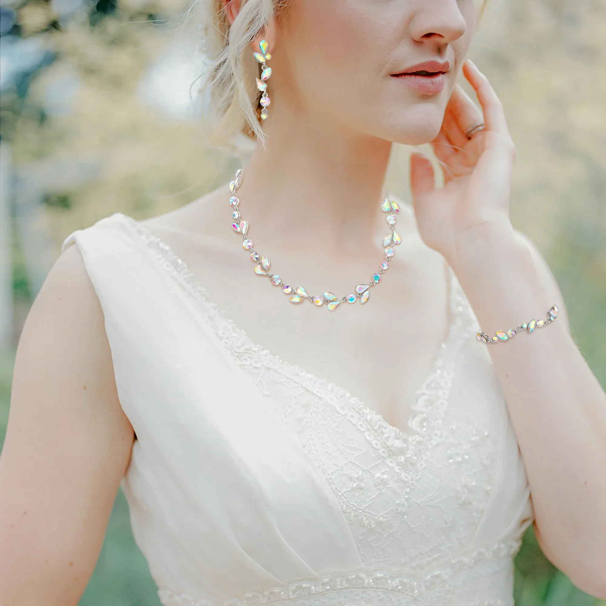 EVER FAITH Set di gioielli in cristallo con taglio marquisa e rotondo a foglia, collana, orecchini e bracciale da donna, marrone oro - immagine 2