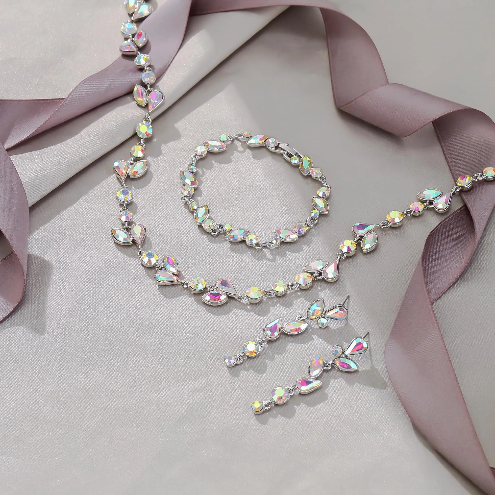 EVER FAITH Set di gioielli in cristallo con taglio marquisa e rotondo a foglia, collana, orecchini e bracciale da donna, marrone oro - immagine 3