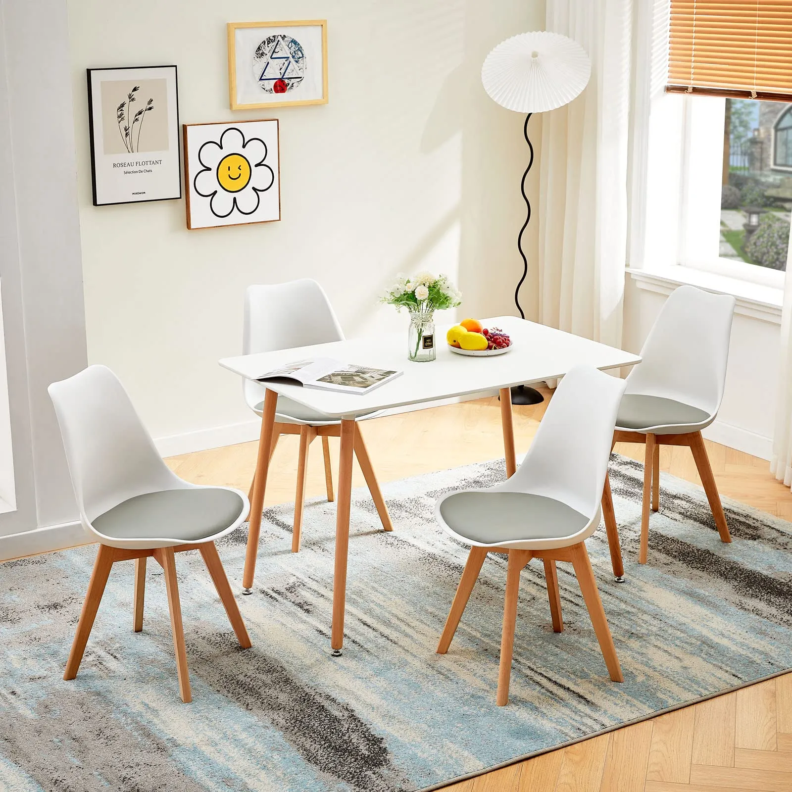 EGGREE Set di 8 Sedie da Pranzo in Pelle PU e Faggio Massiccio, Bianco - Grigio - immagine 2