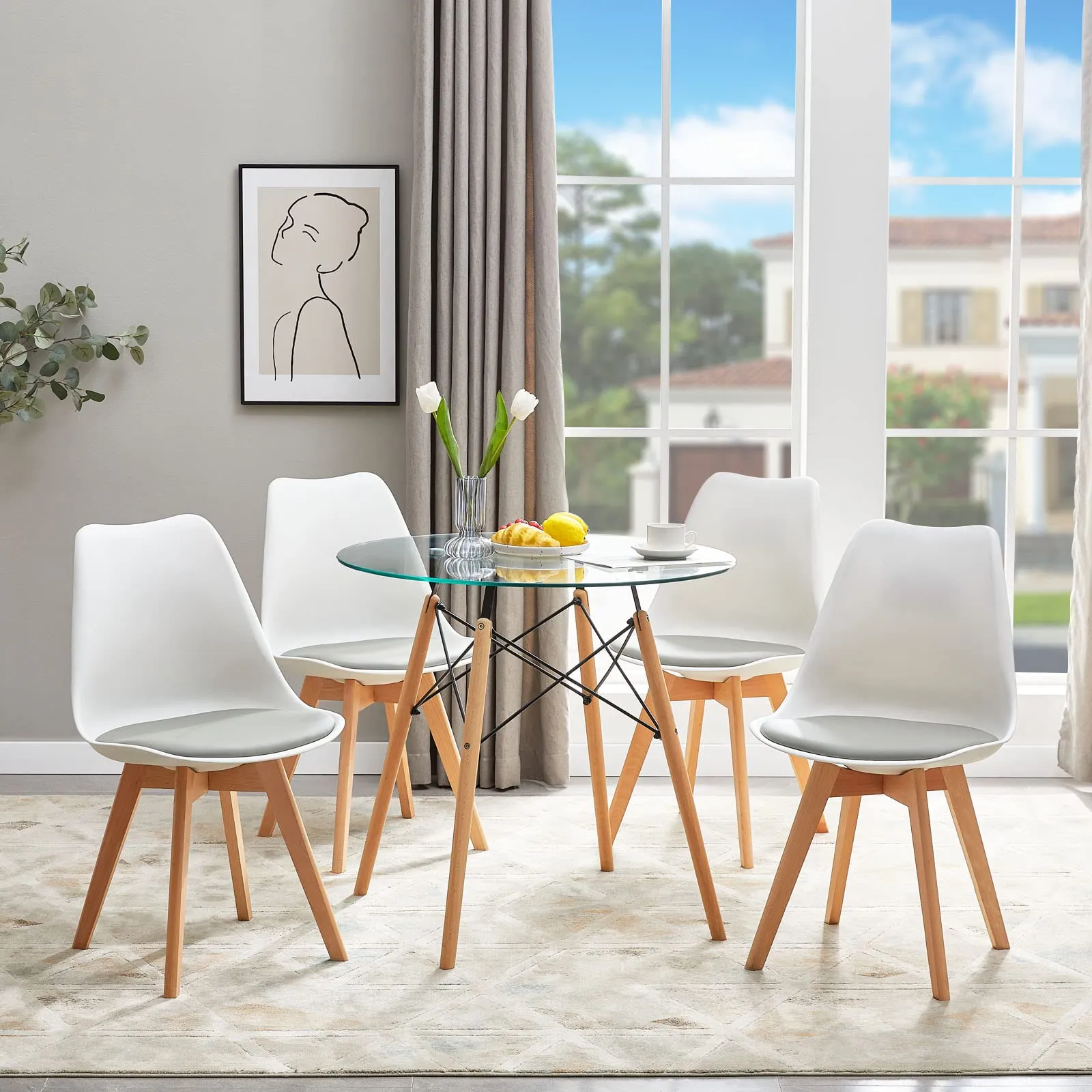 EGGREE Set di 8 Sedie da Pranzo in Pelle PU e Faggio Massiccio, Bianco - Grigio - immagine 7