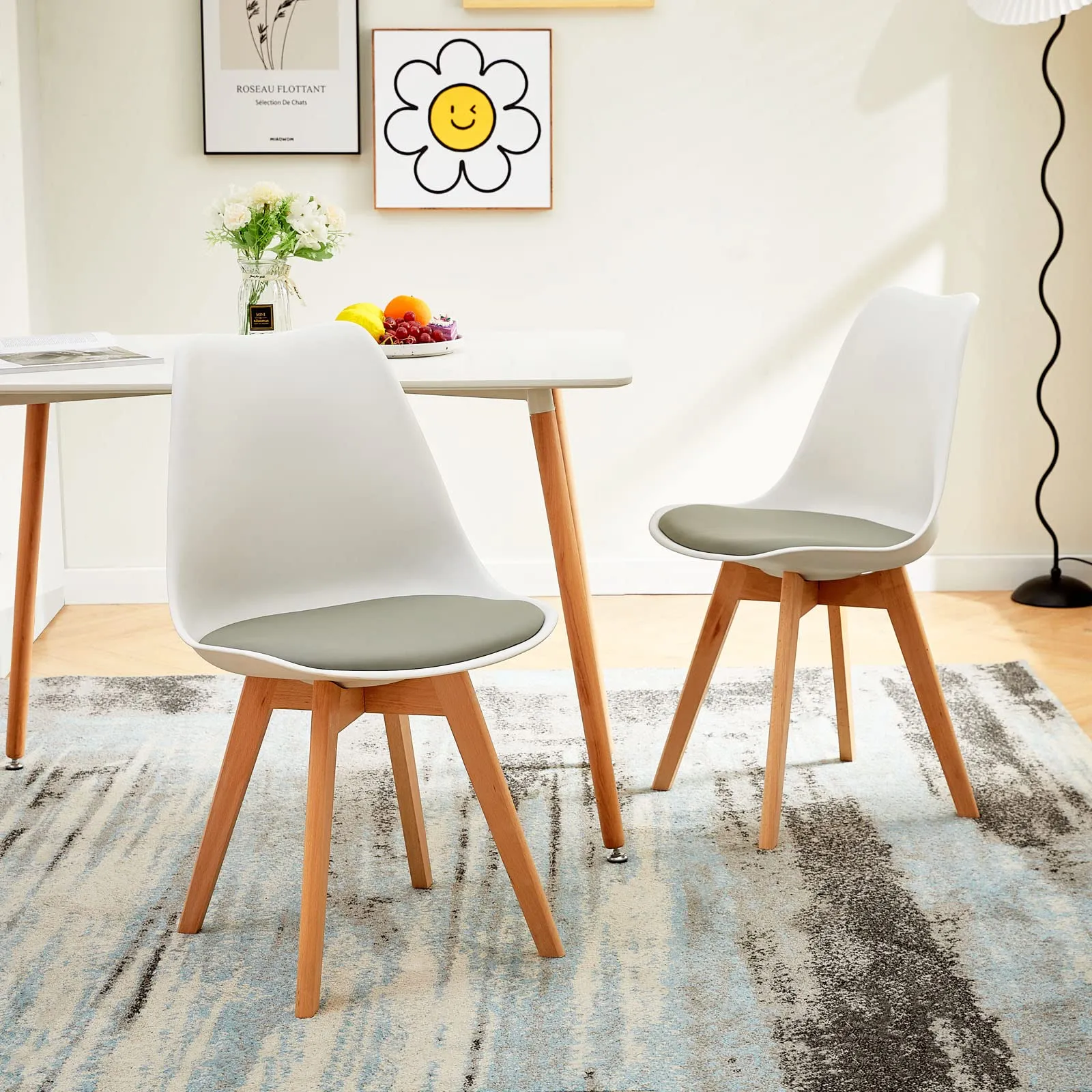 EGGREE Set di 8 Sedie da Pranzo in Pelle PU e Faggio Massiccio, Bianco - Grigio - immagine 9