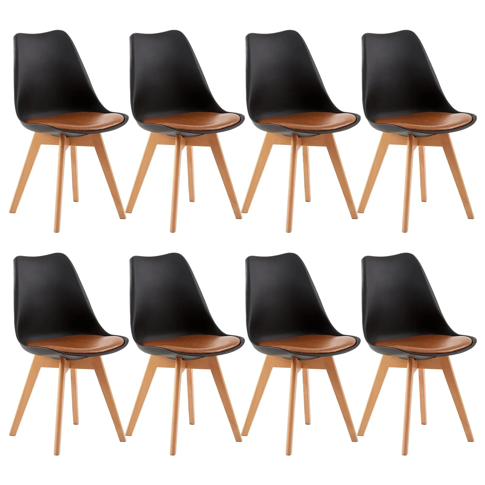 EGGREE Set di 8 Sedie da Pranzo in Pelle PU e Legno di Faggio, Nero - Marrone - immagine 1