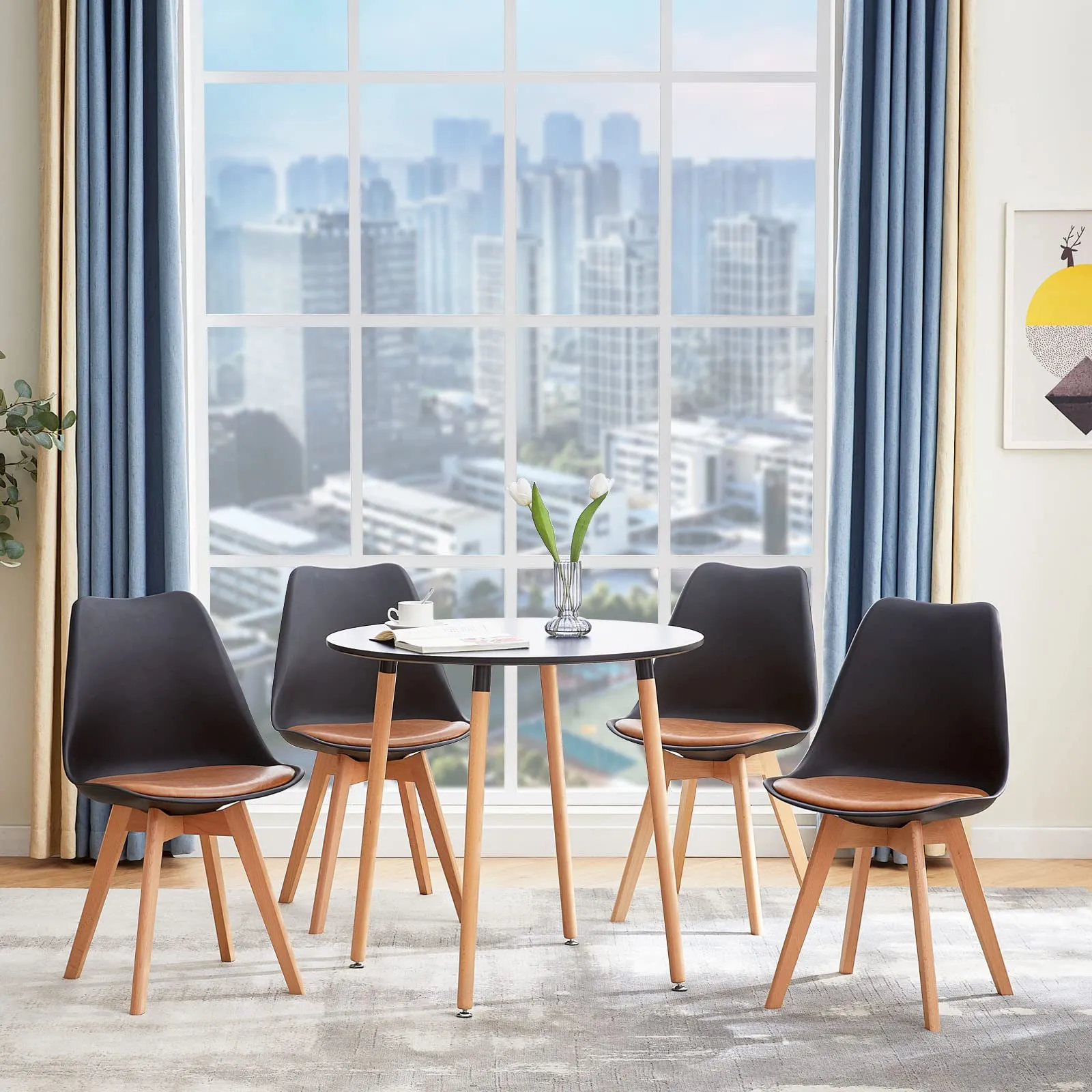 EGGREE Set di 8 Sedie da Pranzo in Pelle PU e Legno di Faggio, Nero - Marrone - immagine 2