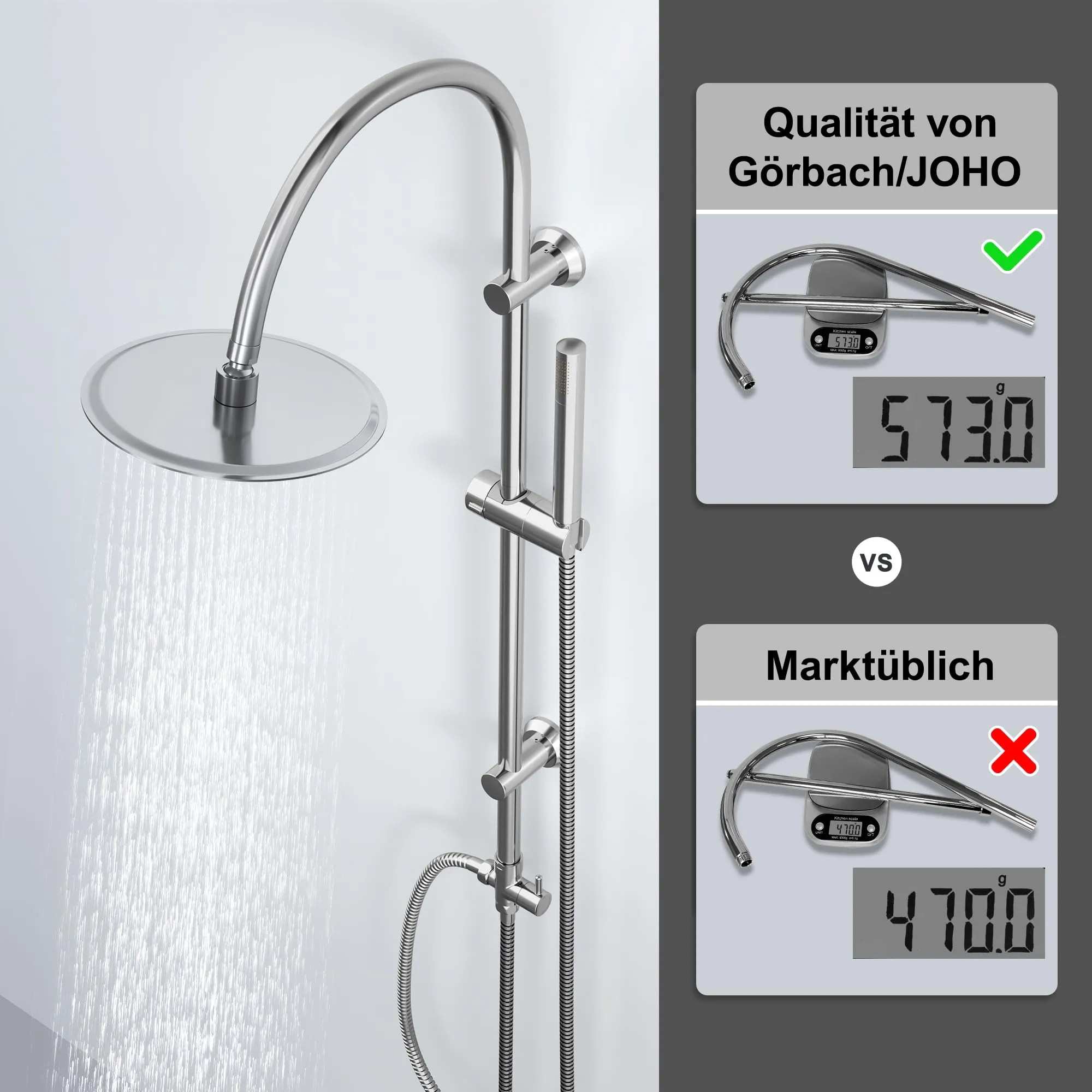 Görbach Colonna Doccia in Acciaio Inox con Soffione 20 cm e Mensola, Cromo (Senza Miscelatore) - immagine 4