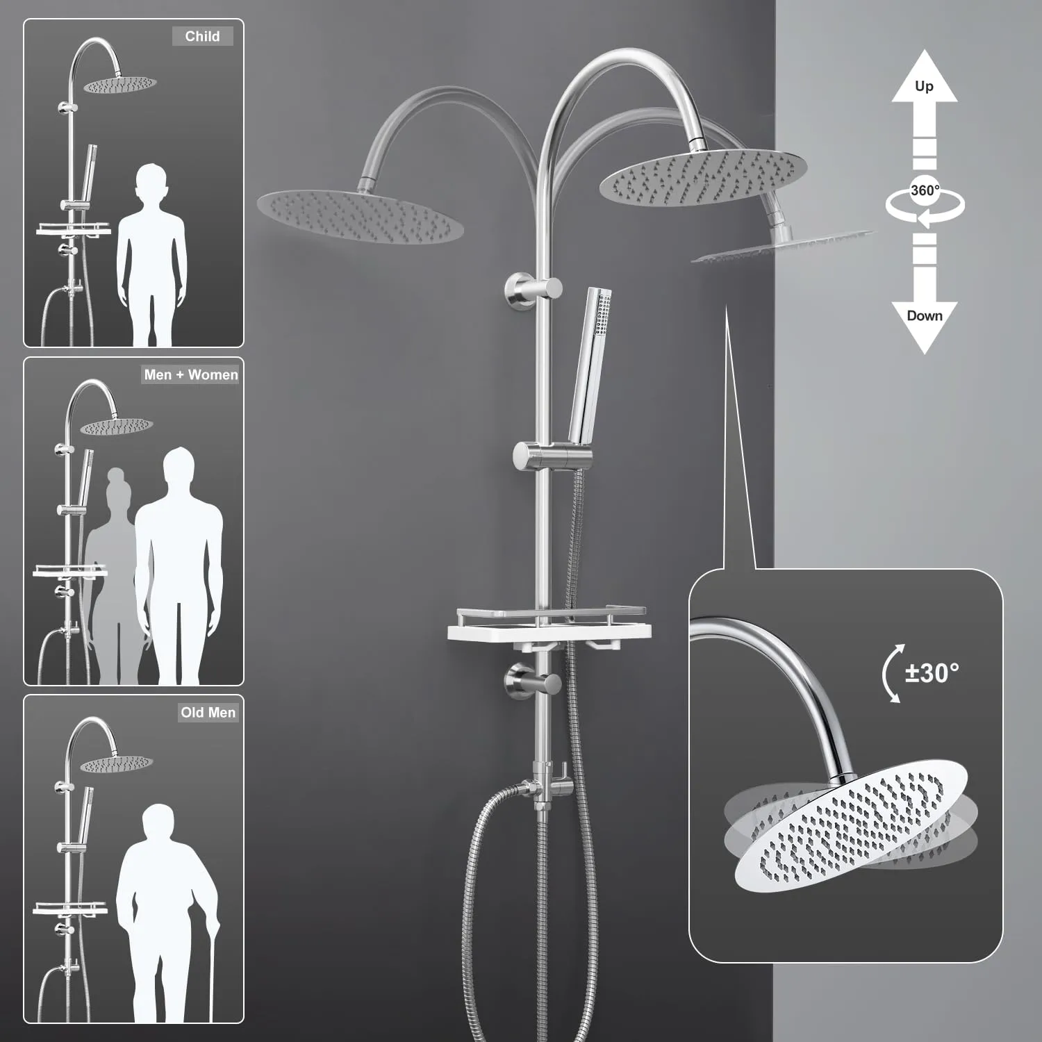 Görbach Colonna Doccia in Acciaio Inox con Soffione 20 cm e Mensola, Cromo (Senza Miscelatore) - immagine 5
