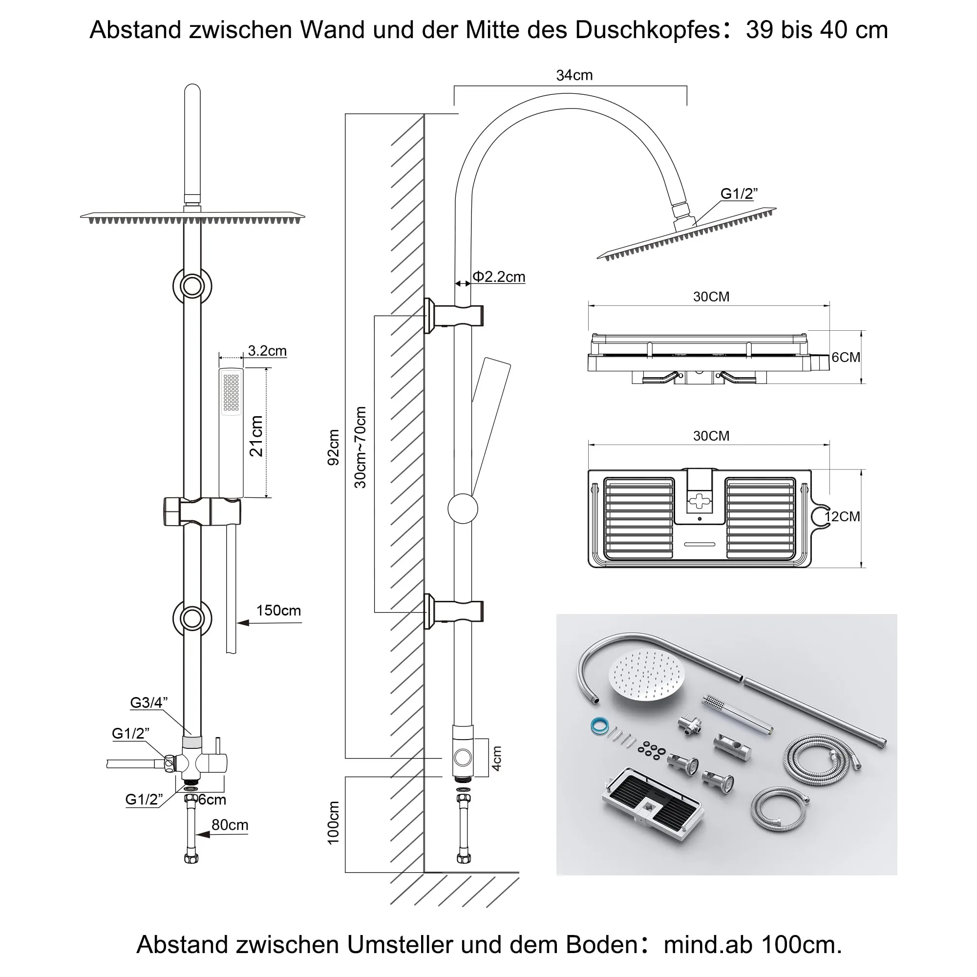 Görbach Colonna Doccia in Acciaio Inox con Soffione 20 cm e Mensola, Cromo (Senza Miscelatore) - immagine 7