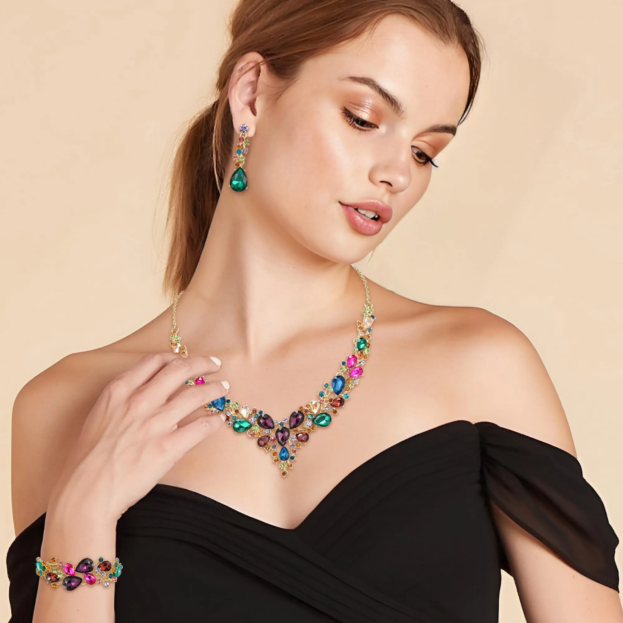 EVER FAITH Set di Gioielli con Collana, Orecchini e Bracciale in Cristallo Austriaco, Goccia Cluster, Tono Argento - immagine 3