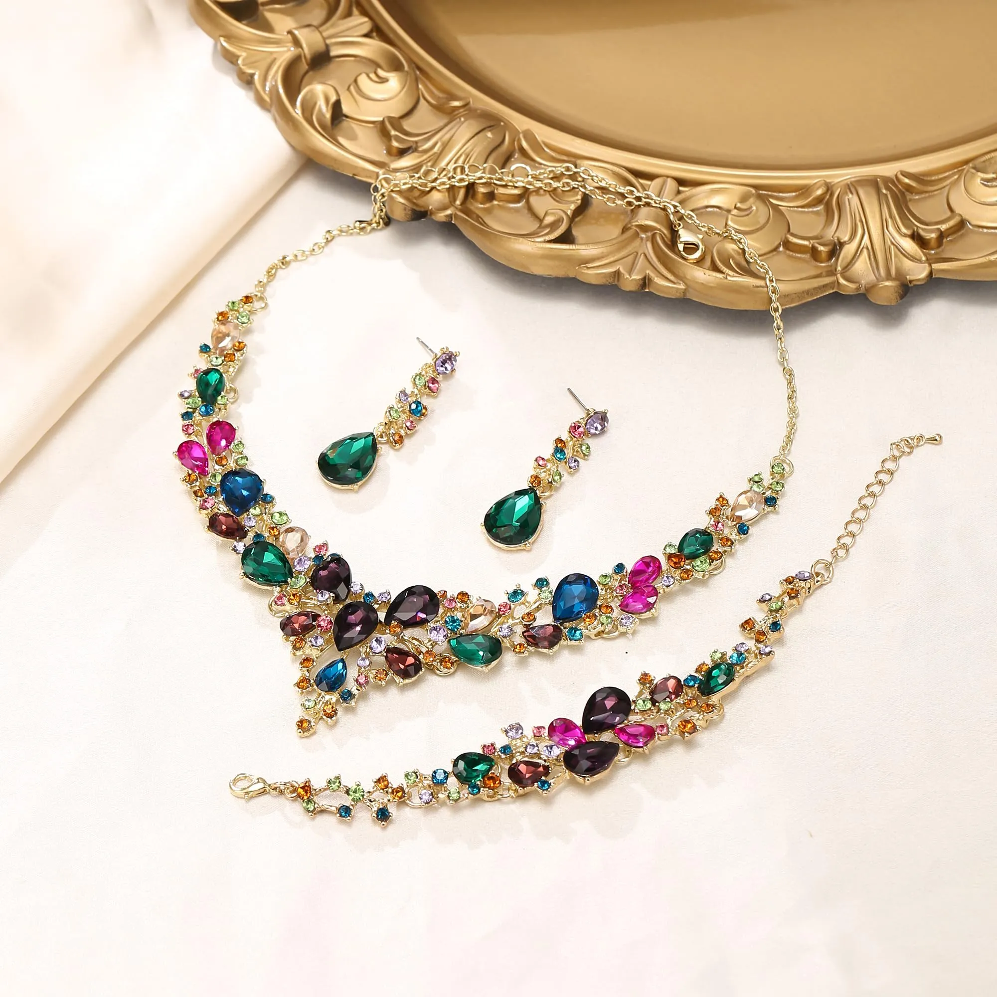 EVER FAITH Set di Gioielli con Collana, Orecchini e Bracciale in Cristallo Austriaco, Goccia Cluster, Tono Argento - immagine 4