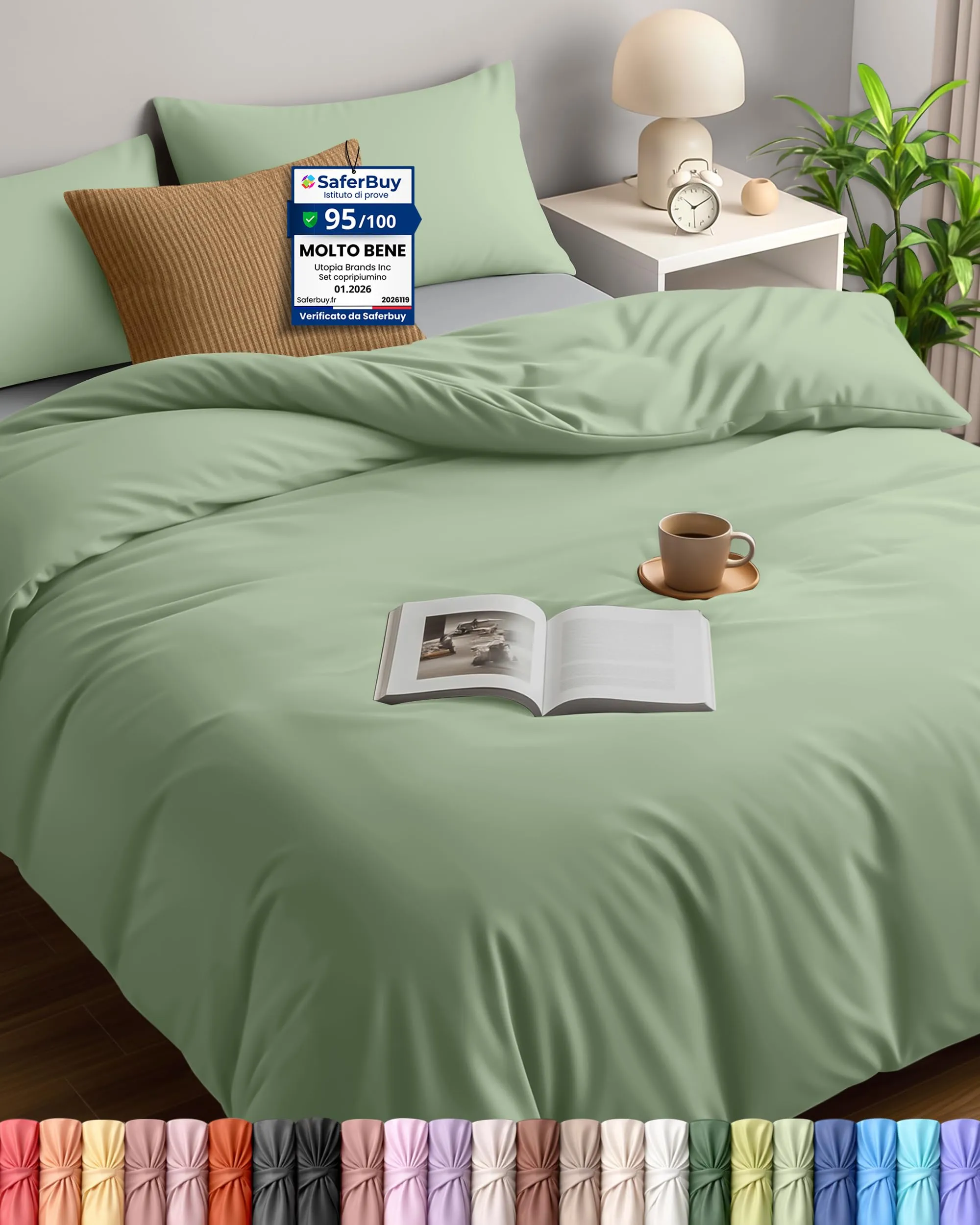 Utopia Bedding Set Copripiumino 3 Pezzi in Microfibra, 200x200cm + 2 Federe 50x75cm, Verde Salvia - immagine 1