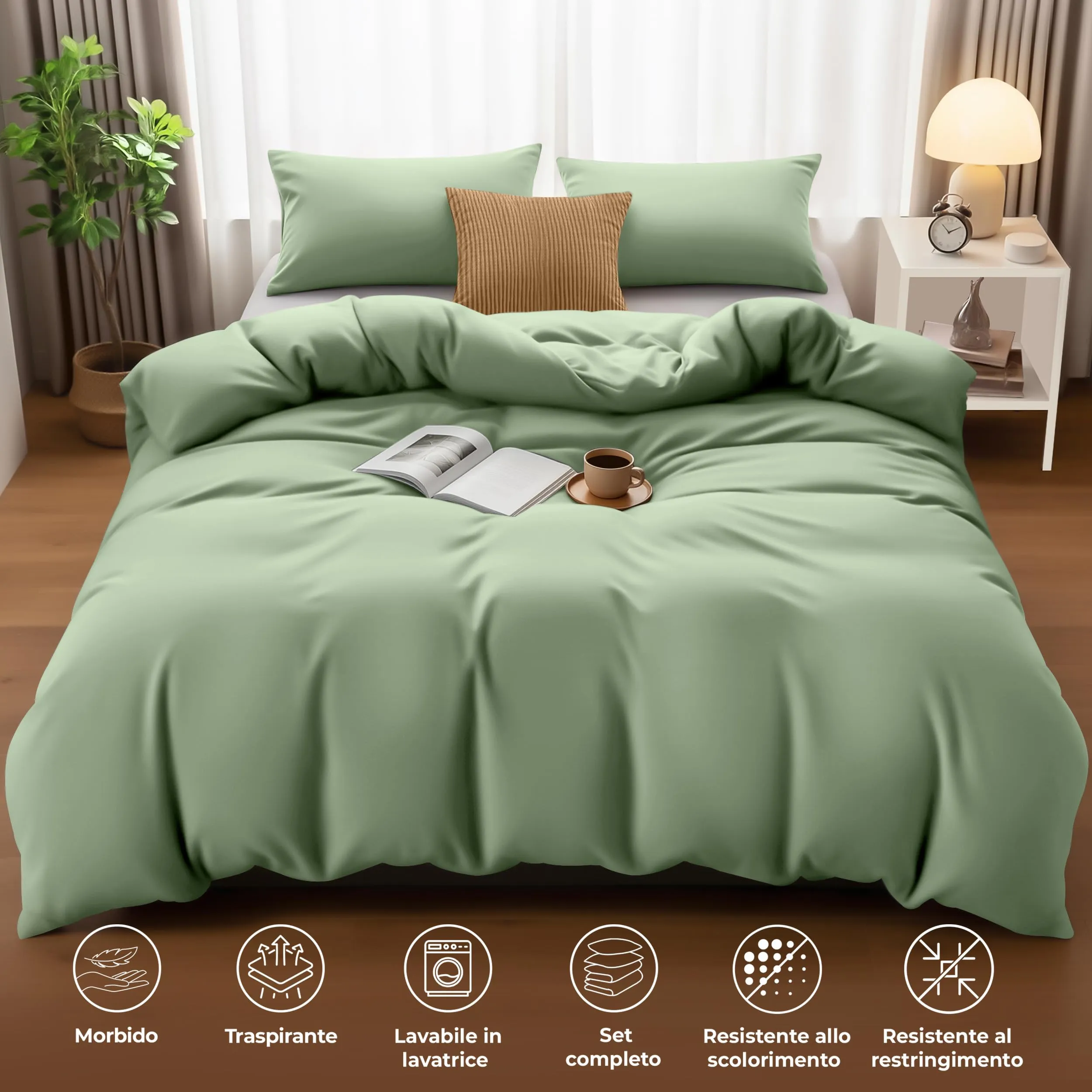 Utopia Bedding Set Copripiumino 3 Pezzi in Microfibra, 200x200cm + 2 Federe 50x75cm, Verde Salvia - immagine 5