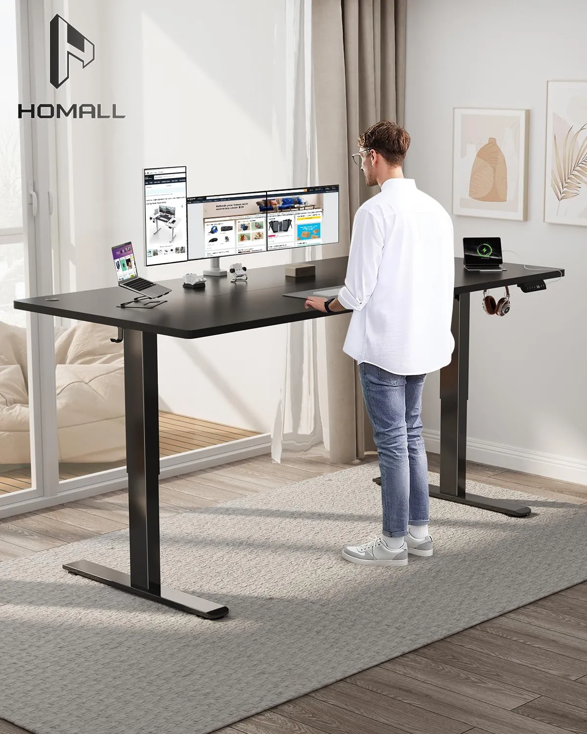 Homall Scrivania Regolabile in Altezza 180 x 80 cm con Porta USB, Nero - immagine 2