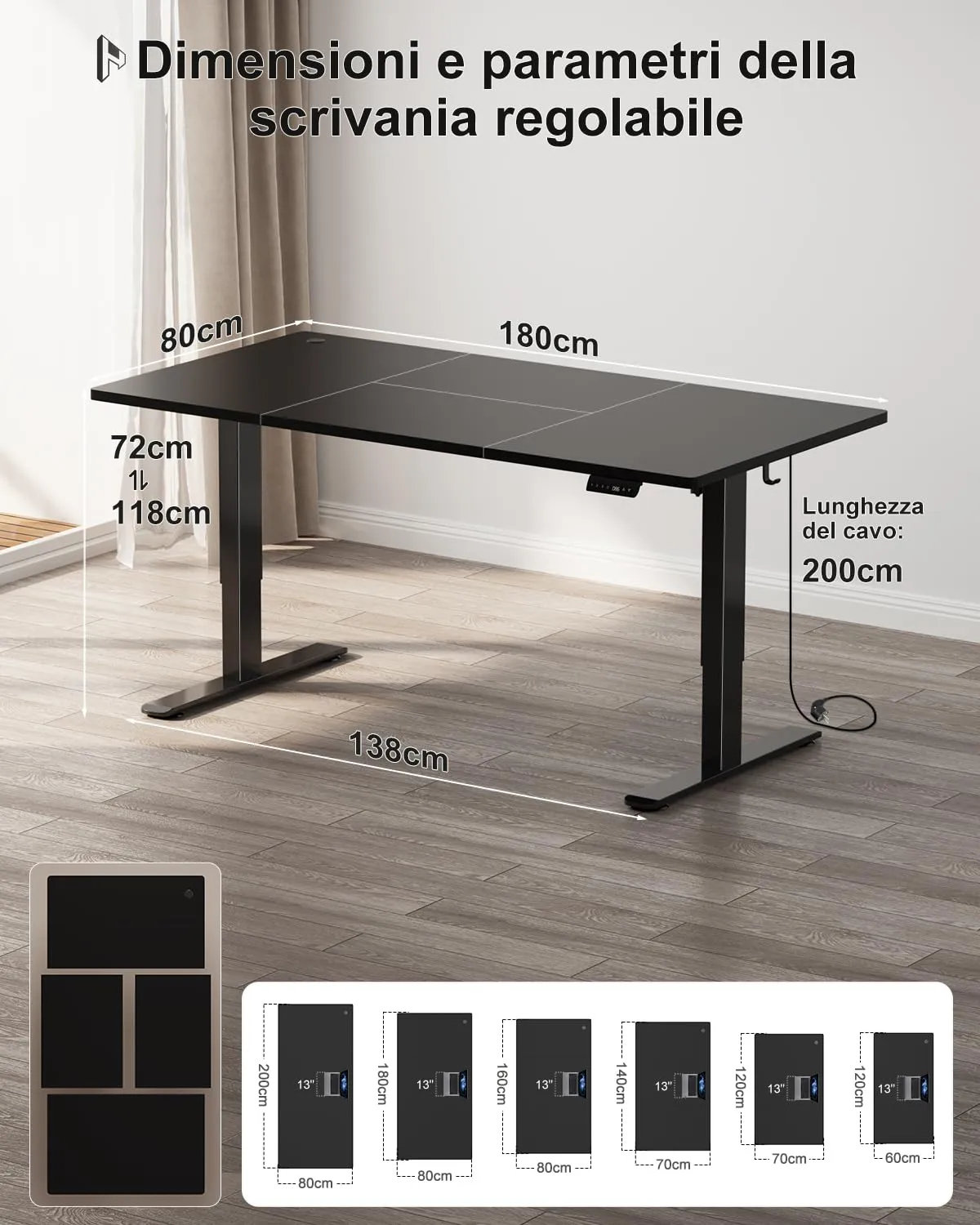 Homall Scrivania Regolabile in Altezza 180 x 80 cm con Porta USB, Nero - immagine 3