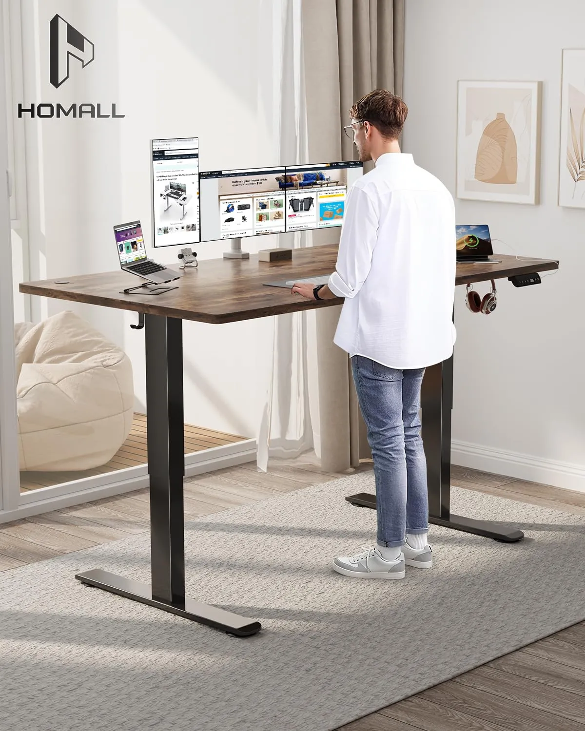 Homall Scrivania Regolabile in Altezza 140x70 cm con Porta USB, Marrone - immagine 2