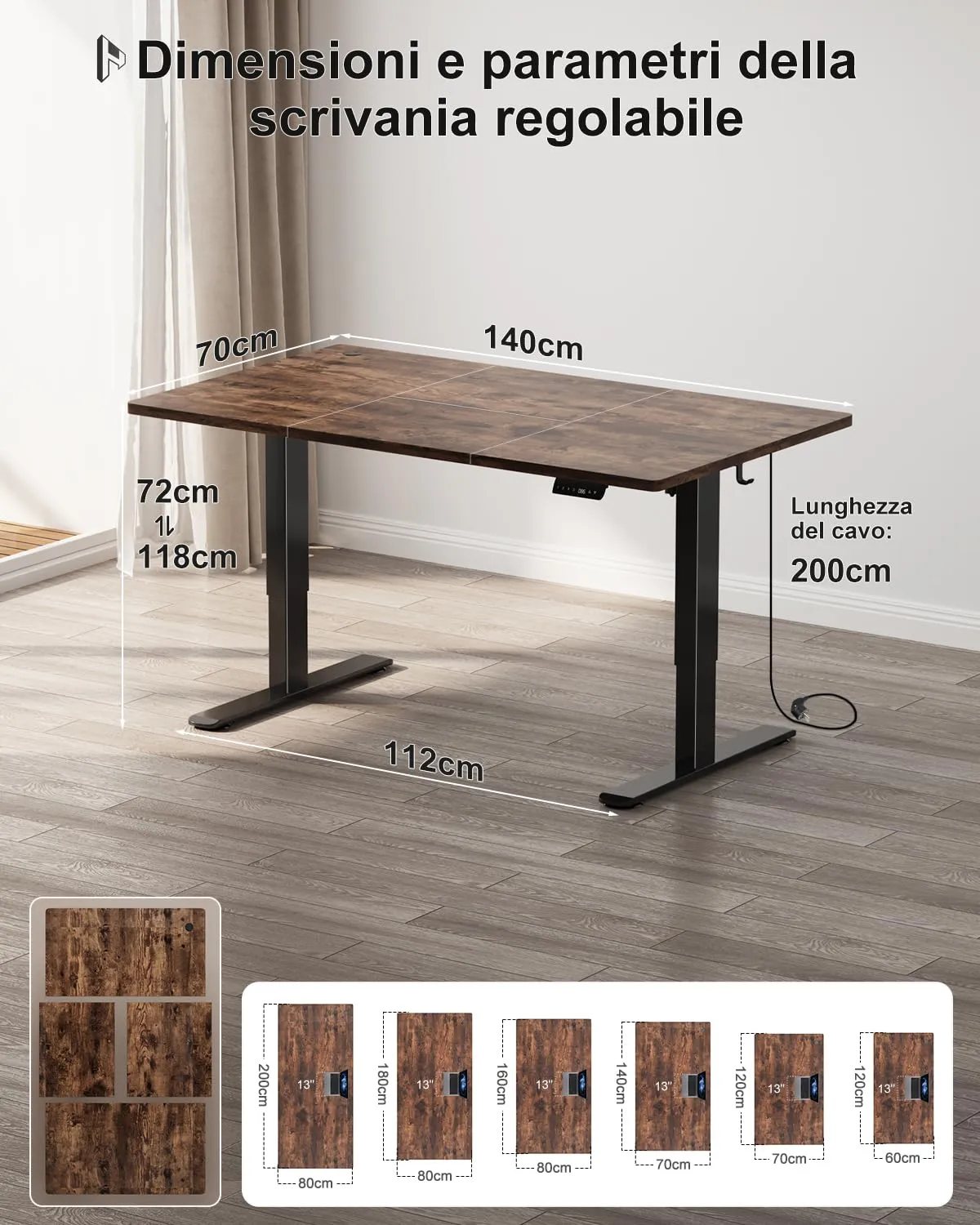Homall Scrivania Regolabile in Altezza 140x70 cm con Porta USB, Marrone - immagine 3