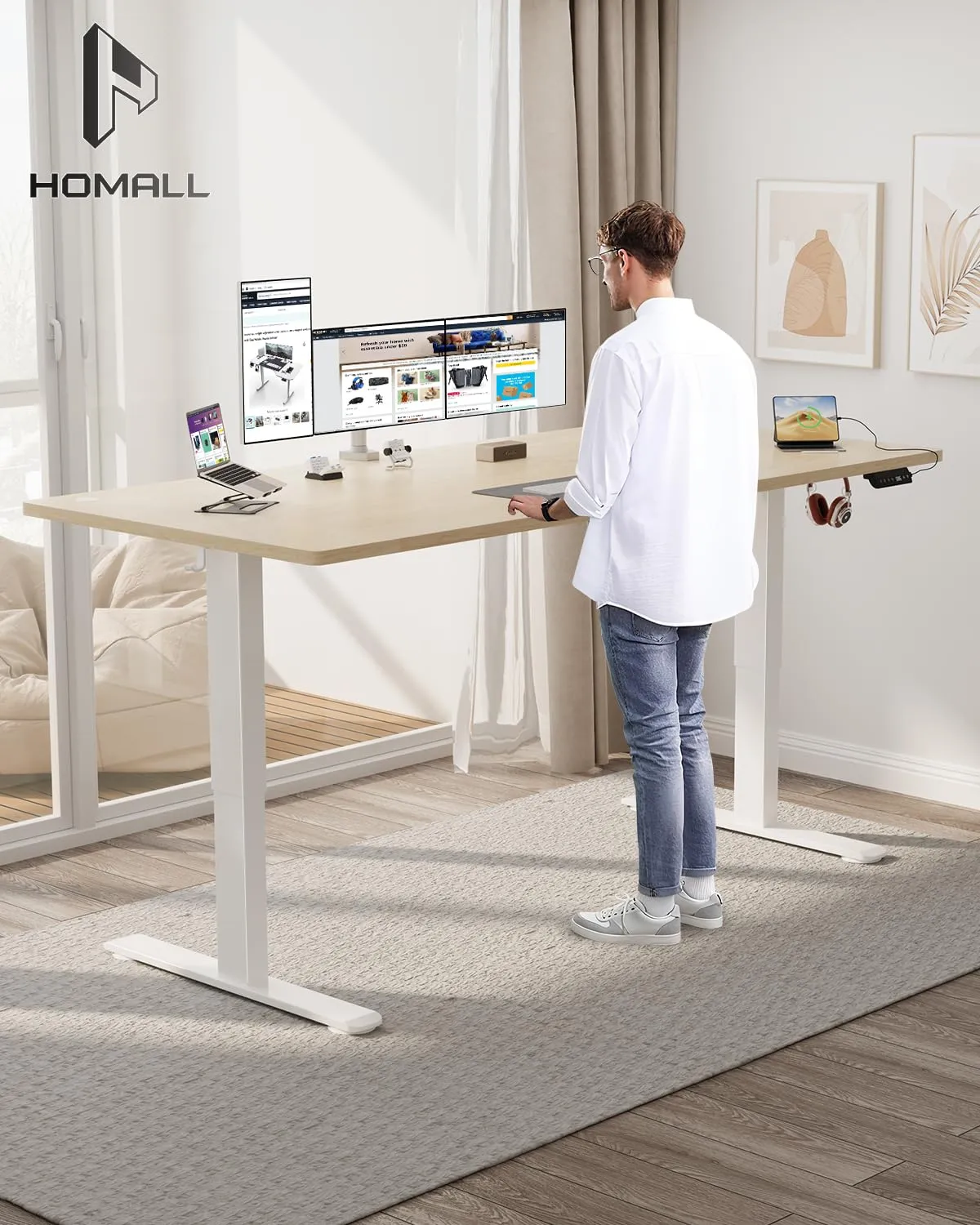 Homall Scrivania Regolabile in Altezza 180x80 cm con Porta USB, Beige - immagine 2
