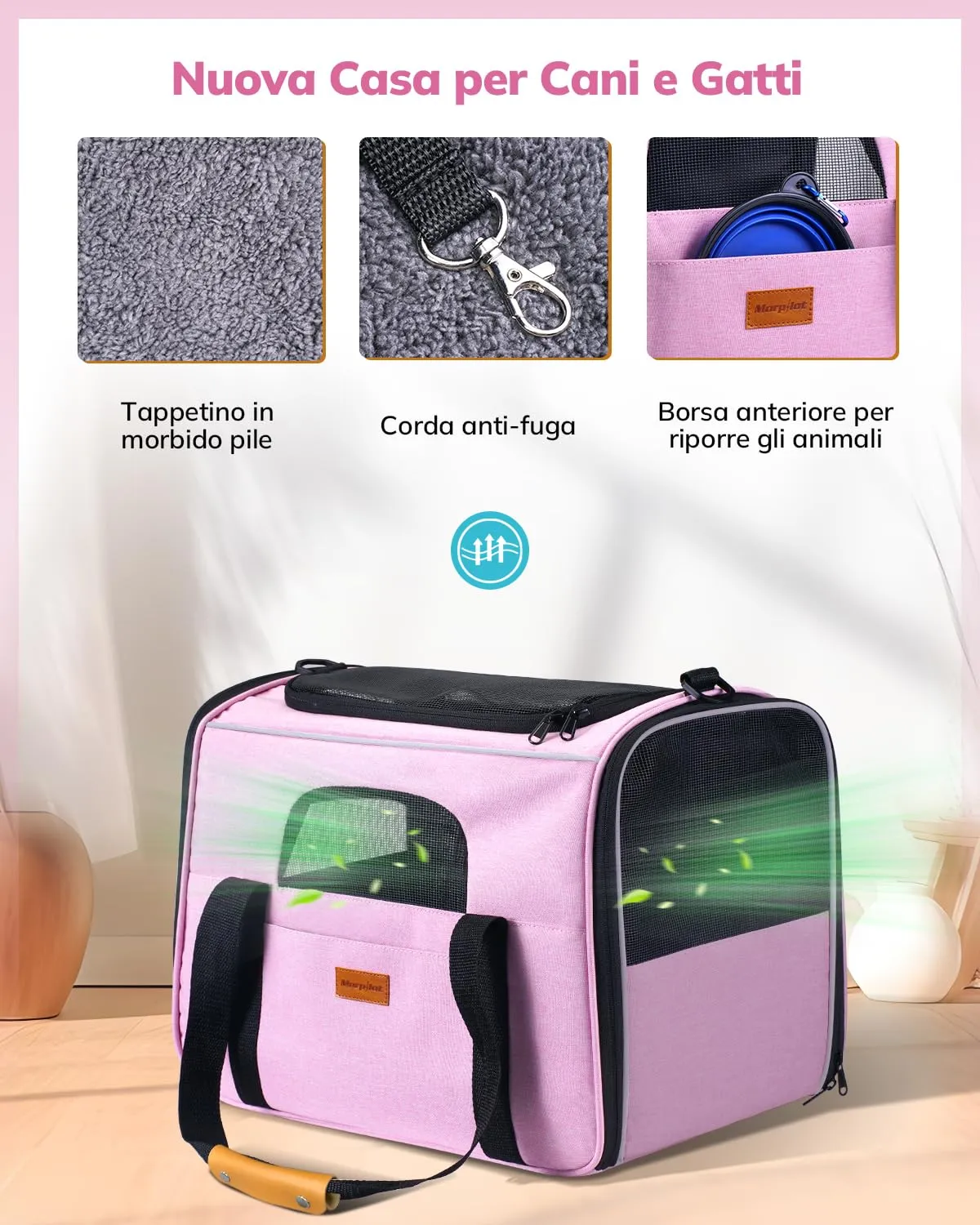 Morpilot Trasportino per Gatti e Cani fino a 7 kg, Pieghevole, 44x31x34cm, Rosa - immagine 4