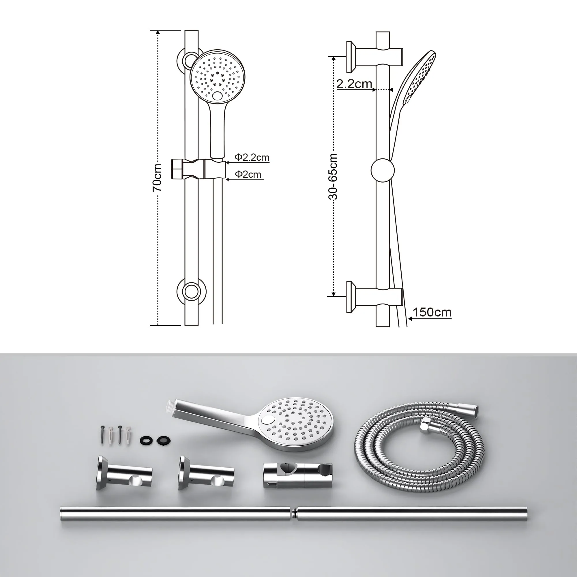 Görbach Colonna Doccia in Acciaio Inox con Doccetta, Asta 70 cm e Tubo 150 cm, Cromo - immagine 7