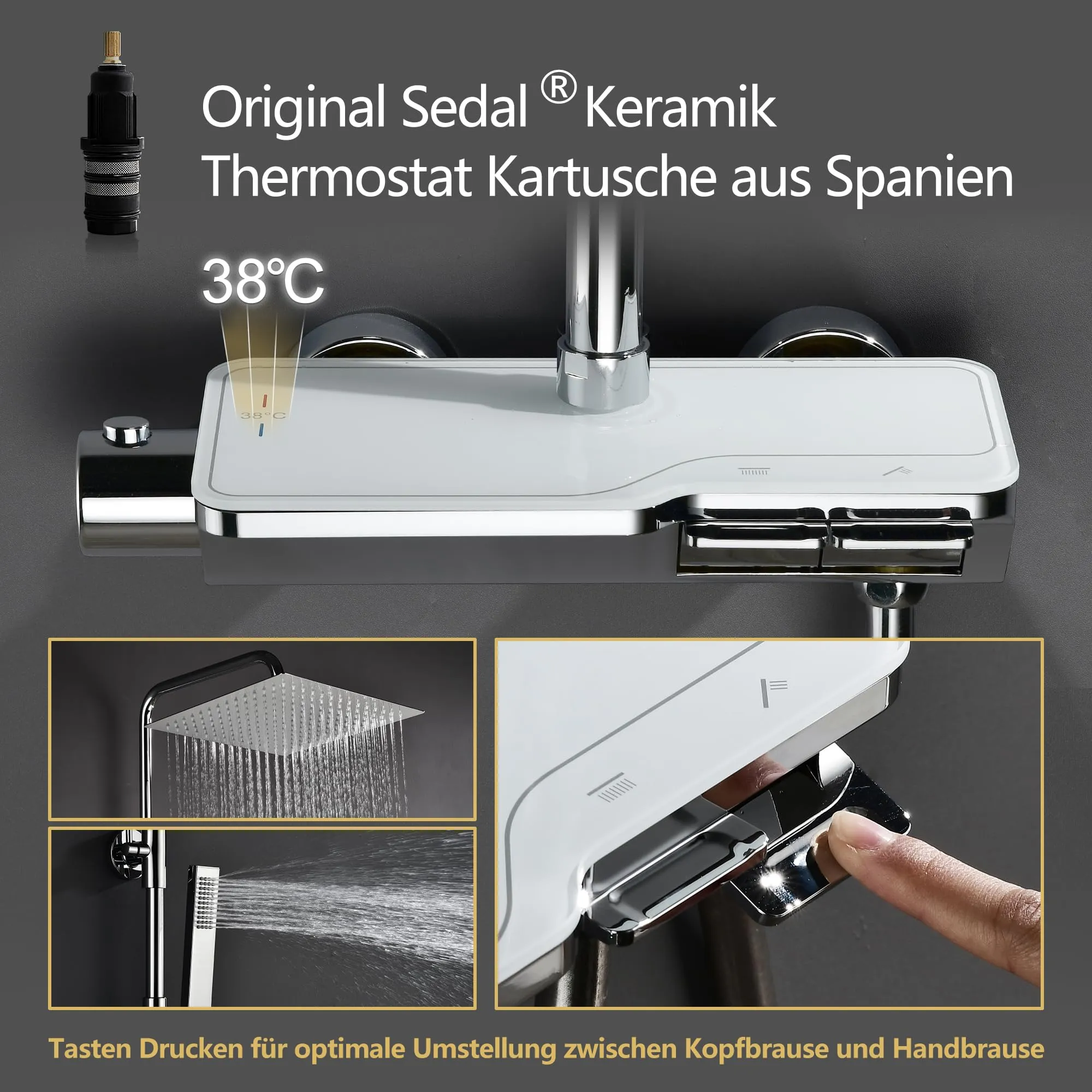 Görbach Colonna Doccia in Acciaio Inox con Miscelatore Termostatico, Soffione 20x20 cm, Cromo - immagine 4