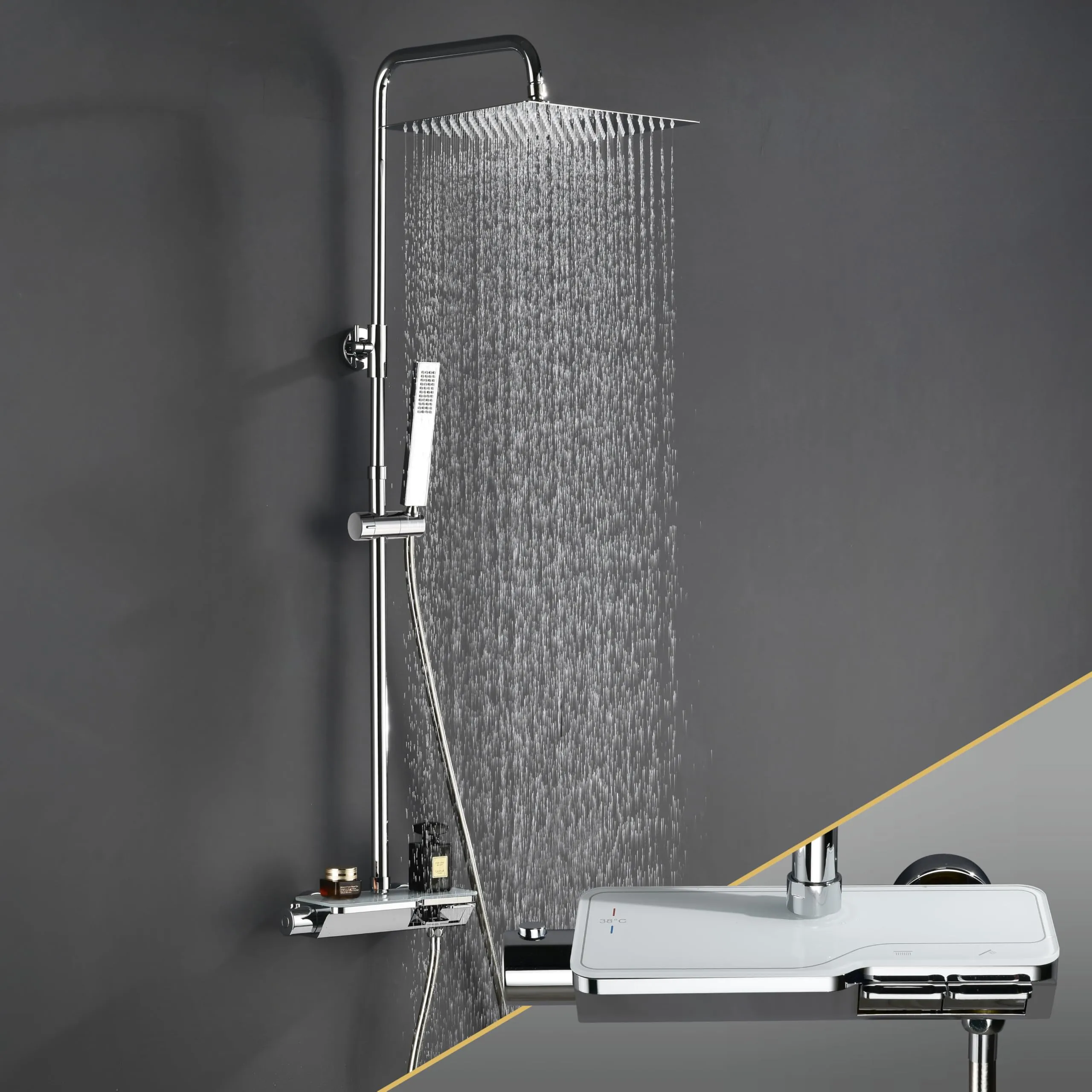 Görbach Colonna Doccia in Acciaio Inox con Miscelatore Termostatico, Soffione 20x20 cm, Cromo - immagine 7