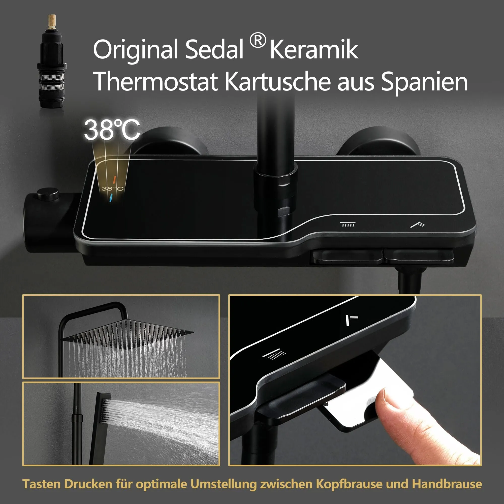 Görbach Colonna Doccia in Acciaio Inox con Miscelatore Termostatico e Soffione 20x20 cm, Nero - immagine 3