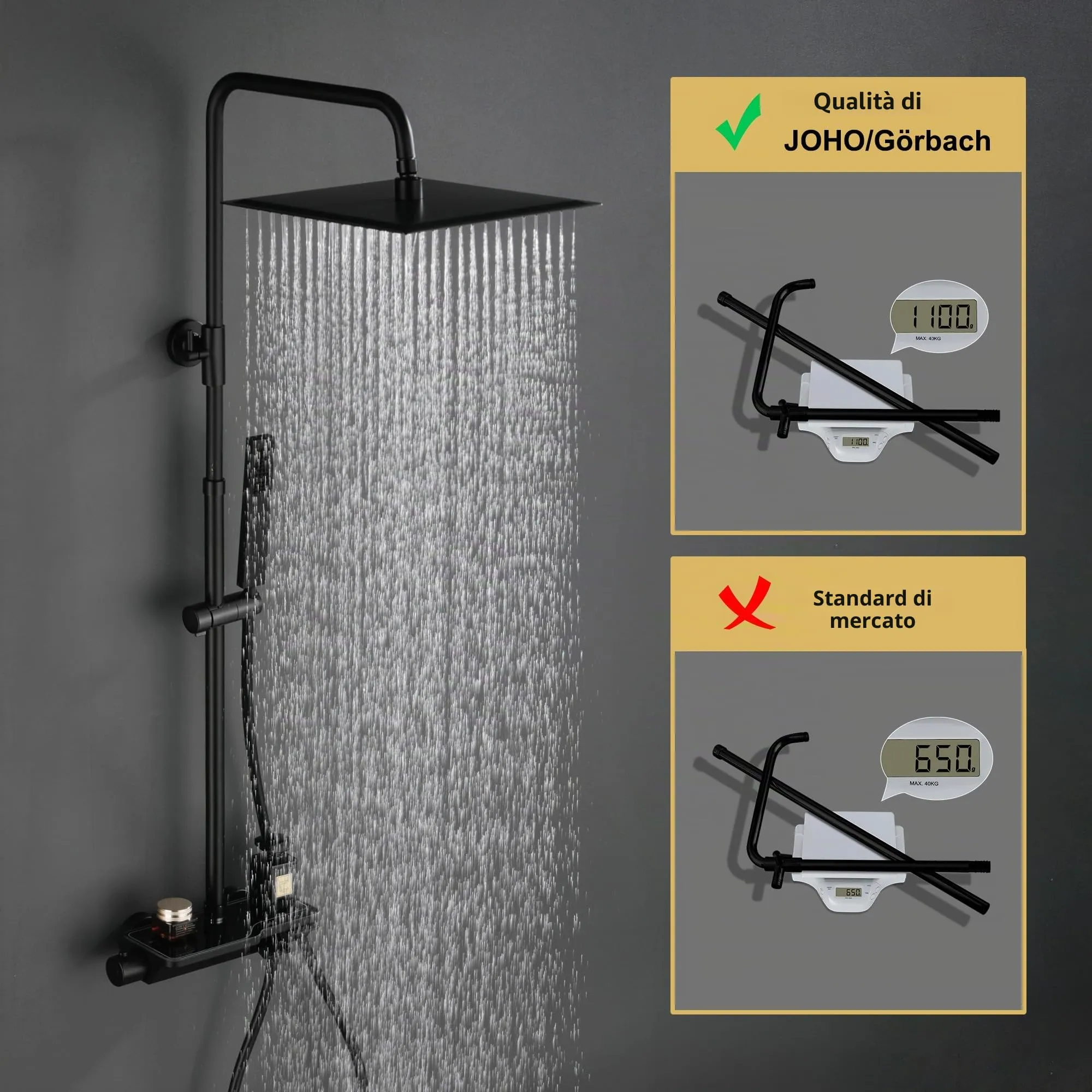 Görbach Colonna Doccia in Acciaio Inox con Miscelatore Termostatico e Soffione 20x20 cm, Nero - immagine 4