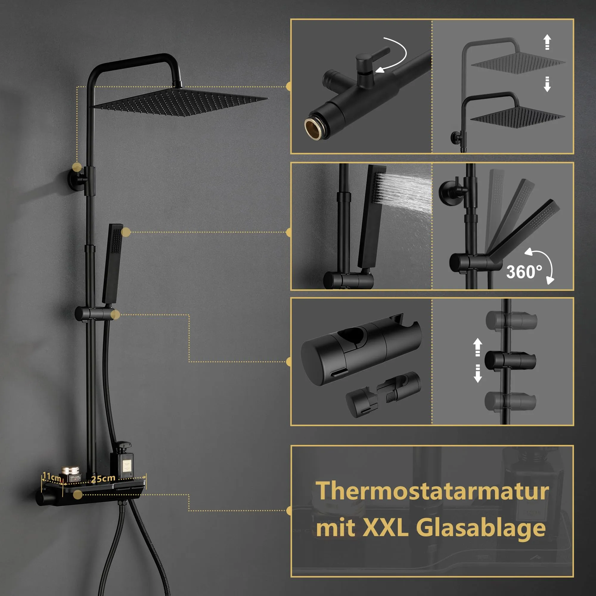 Görbach Colonna Doccia in Acciaio Inox con Miscelatore Termostatico e Soffione 20x20 cm, Nero - immagine 5