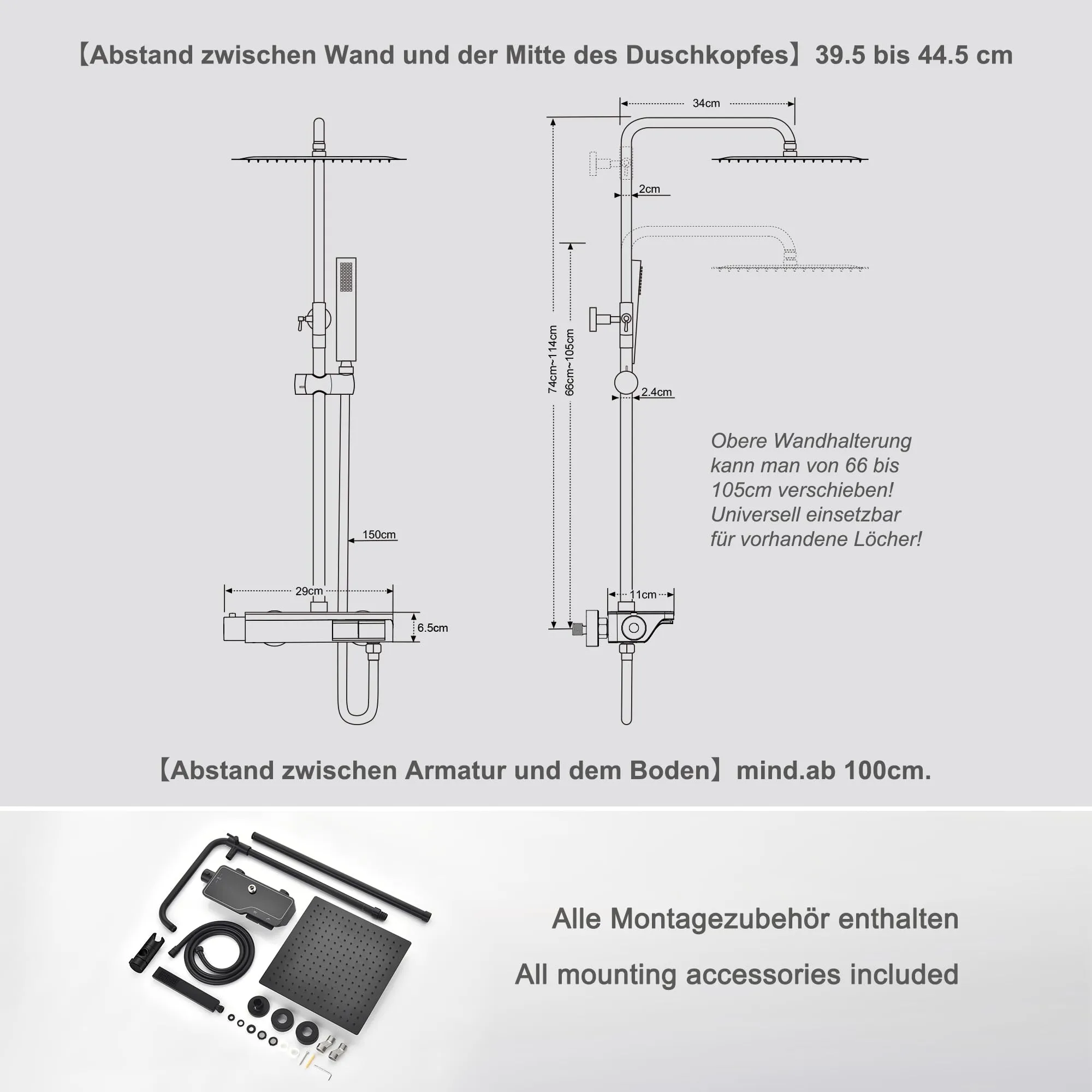 Görbach Colonna Doccia in Acciaio Inox con Miscelatore Termostatico e Soffione 20x20 cm, Nero - immagine 6