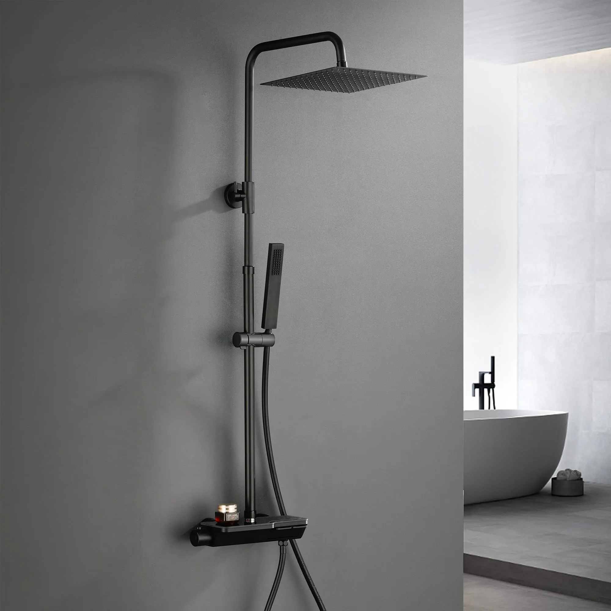 Görbach Colonna Doccia in Acciaio Inox con Miscelatore Termostatico e Soffione 20x20 cm, Nero - immagine 7