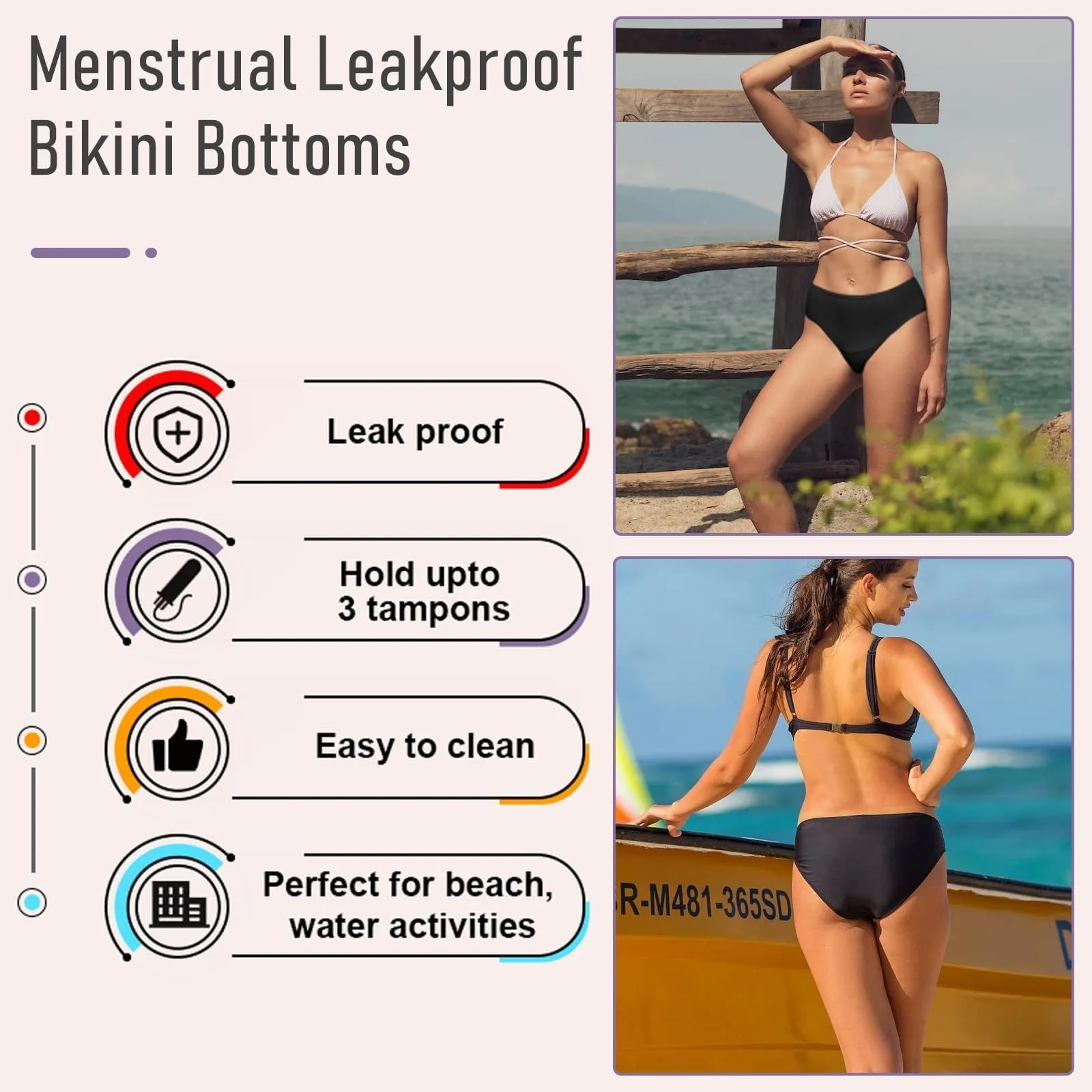Runmeihe Pantaloni da Nuoto Mestruali a Prova di Perdite, Vita Bassa, Nero, 40-42 - immagine 4