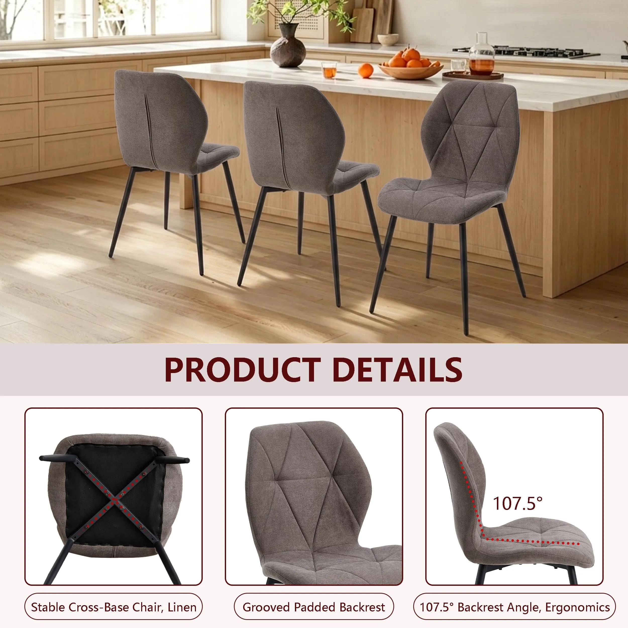 GrandCA HOME Set di 4 Sedie da Pranzo Imbottite in Tessuto a Rombi con Gambe in Metallo, Marrone-R - immagine 7