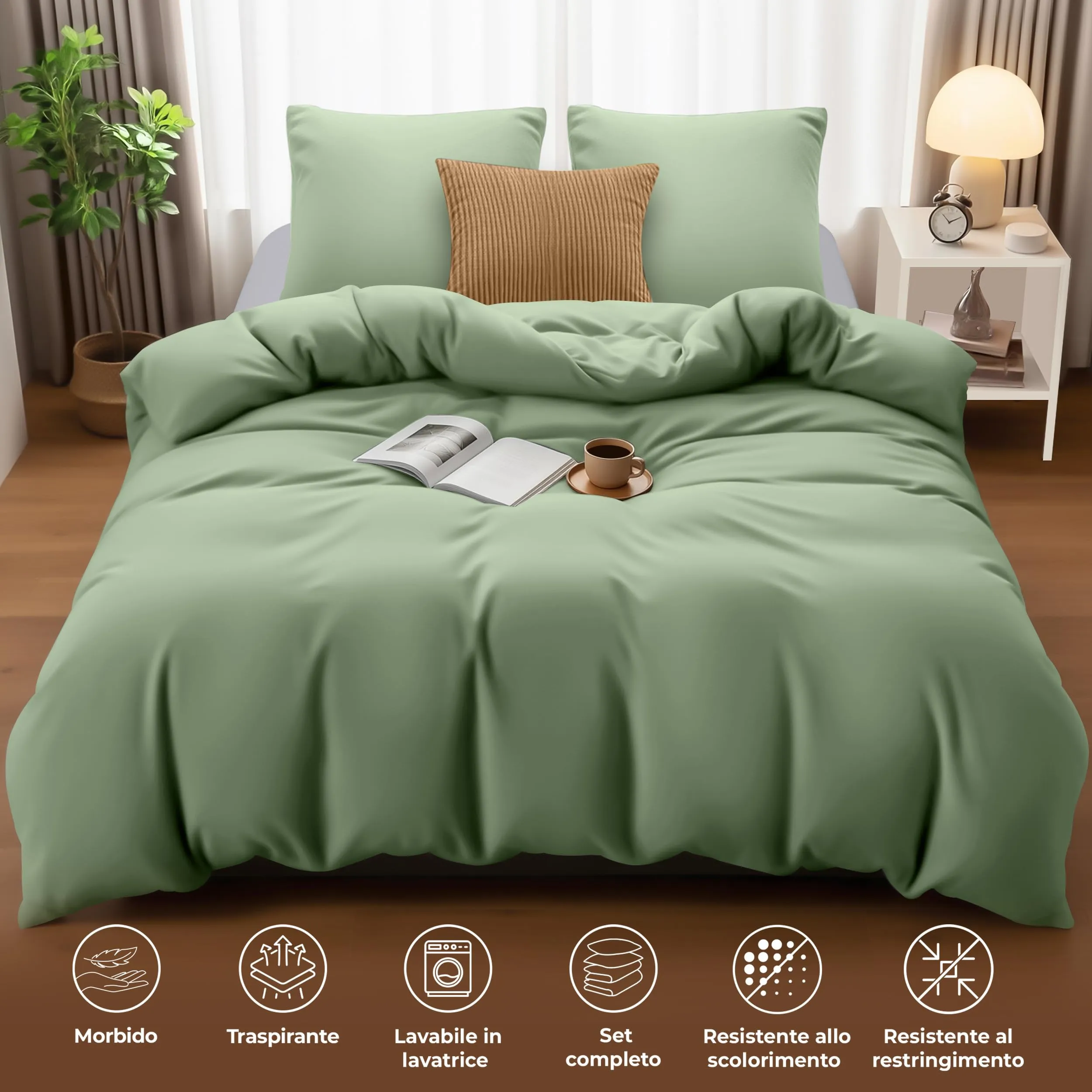 Utopia Bedding Set Copripiumino Matrimoniale 200x200 cm e 2 Federe 80x80 cm, Microfibra, Verde Salvia - immagine 5