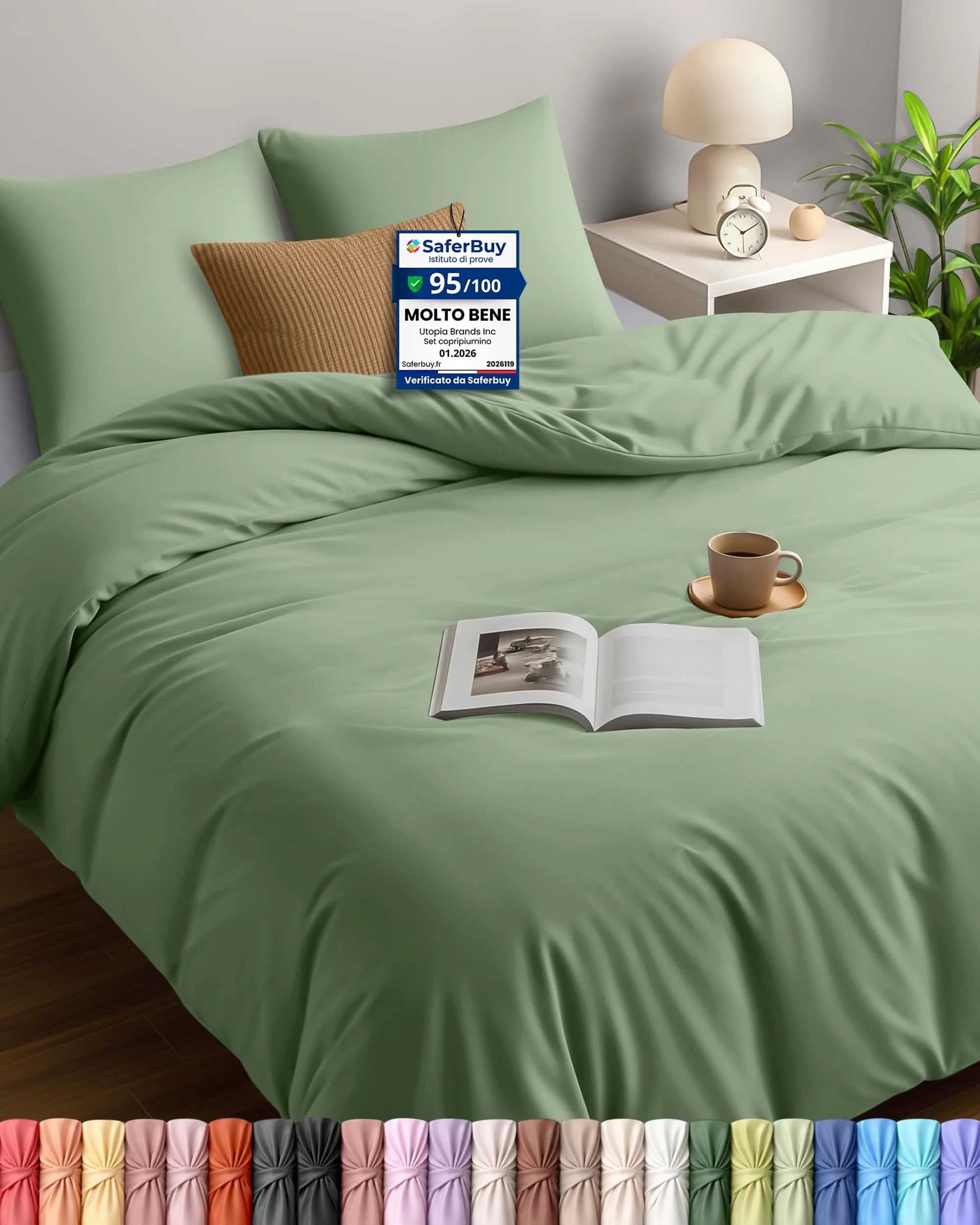 Utopia Bedding Set Copripiumino 240x220 cm e 2 Federe 65x65 cm, Microfibra, Verde Salvia - immagine 1