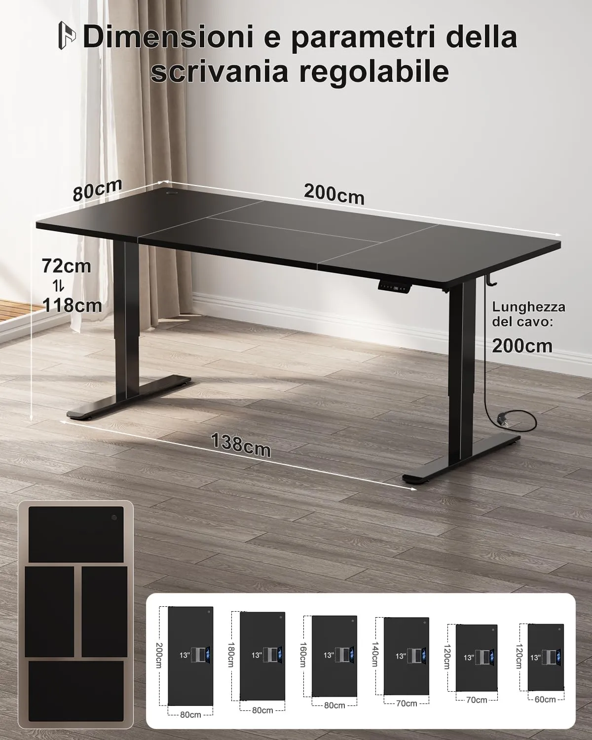 Homall Scrivania Regolabile in Altezza 200x80 cm con Porta USB, Nero - immagine 4