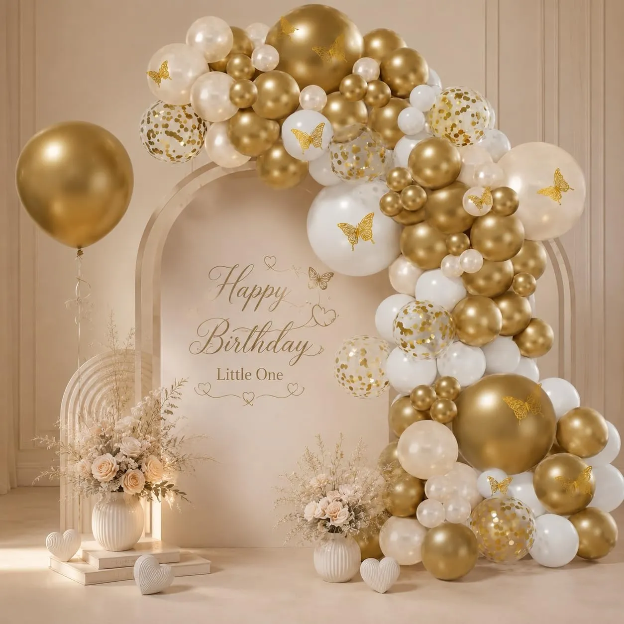 fairymaiden Arco di Palloncini Platinum - 115 Pezzi, Bianco e Oro con Farfalle e Coriandoli - immagine 1