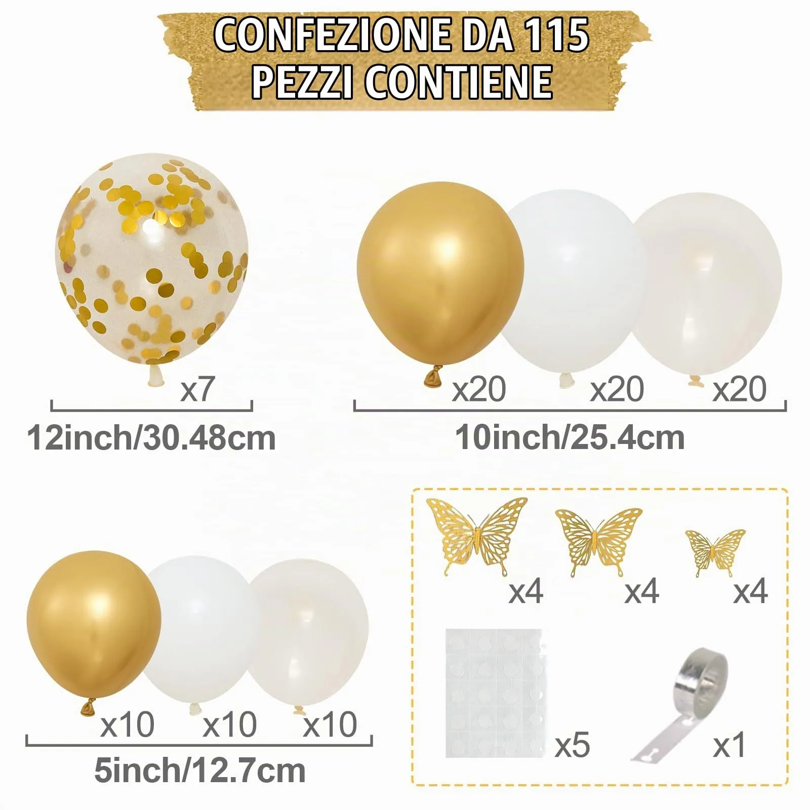 fairymaiden Arco di Palloncini Platinum - 115 Pezzi, Bianco e Oro con Farfalle e Coriandoli - immagine 2