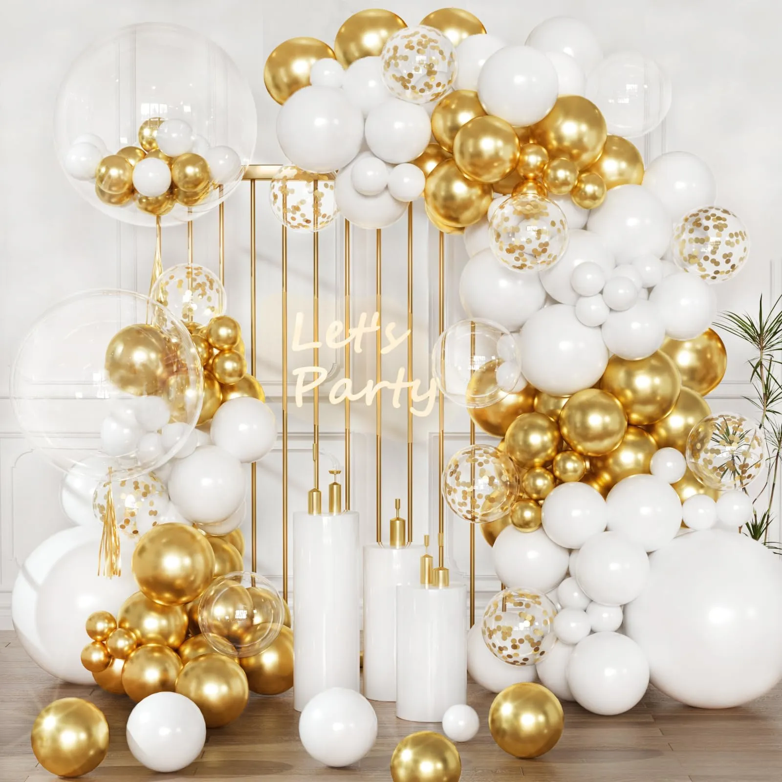 fairymaiden Arco di Palloncini Platinum - 115 Pezzi, Bianco e Oro con Farfalle e Coriandoli - immagine 3