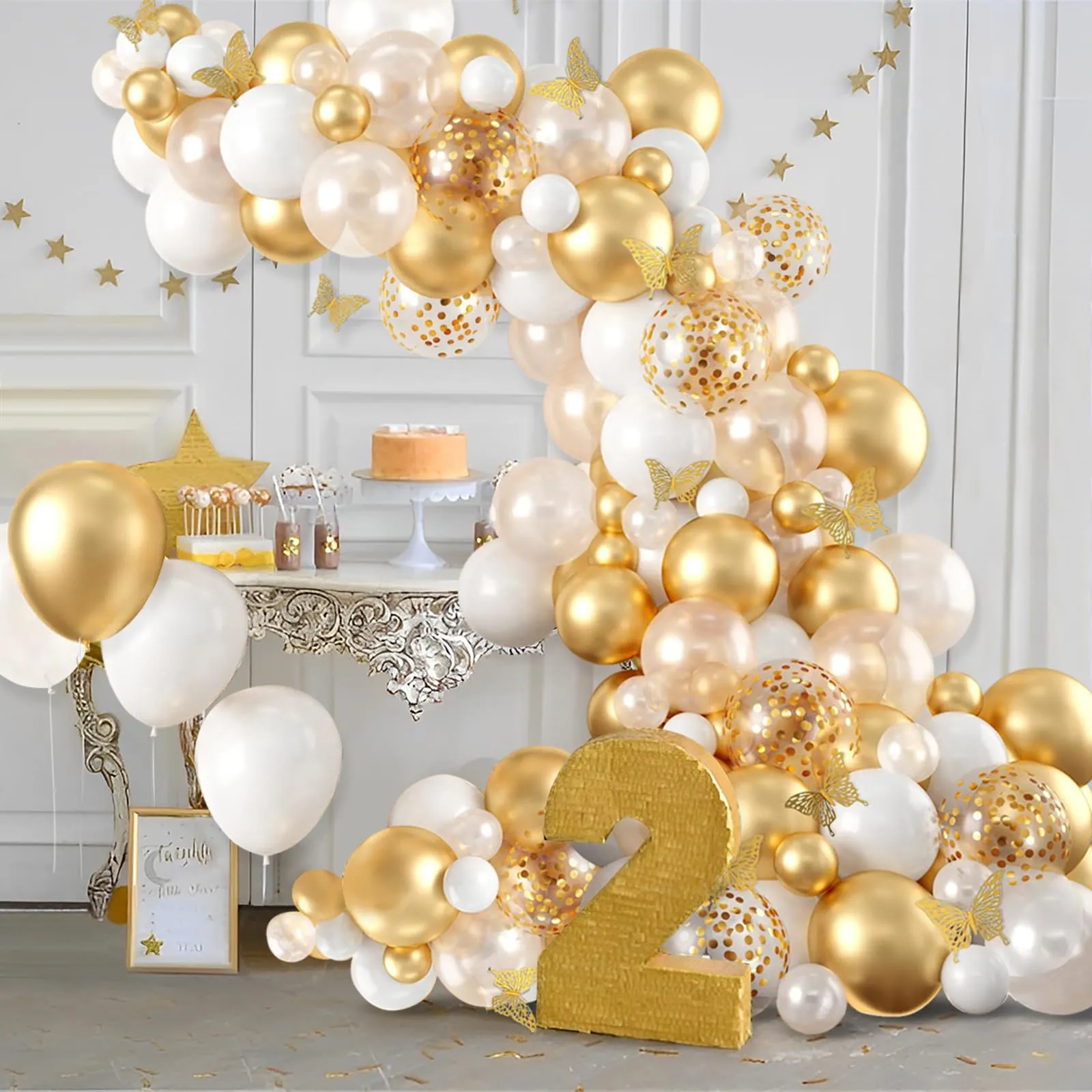 fairymaiden Arco di Palloncini Platinum - 115 Pezzi, Bianco e Oro con Farfalle e Coriandoli - immagine 6