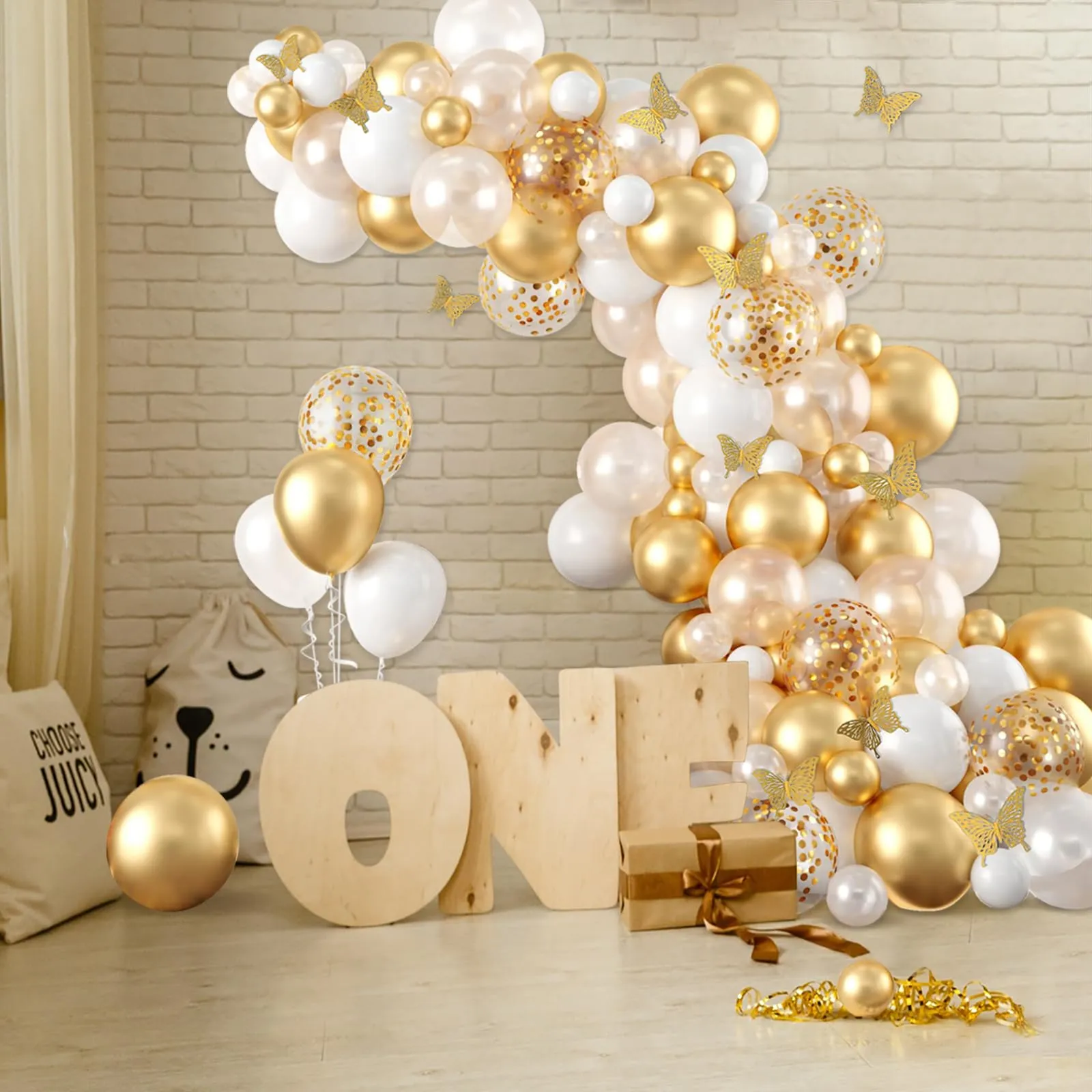 fairymaiden Arco di Palloncini Platinum - 115 Pezzi, Bianco e Oro con Farfalle e Coriandoli - immagine 7