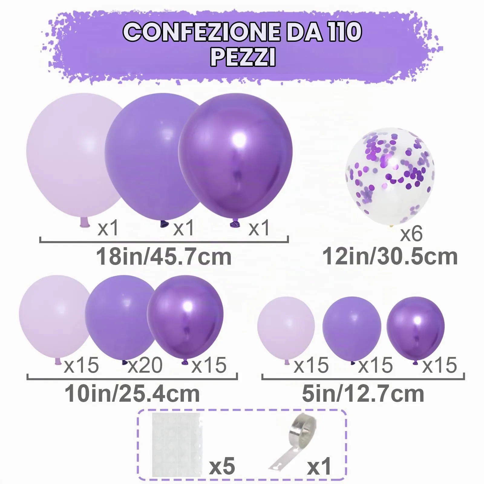 fairymaiden Arco di Palloncini Viola, Set di 110 Pezzi in Lattice con Coriandoli e Accessori per Montaggio - immagine 2