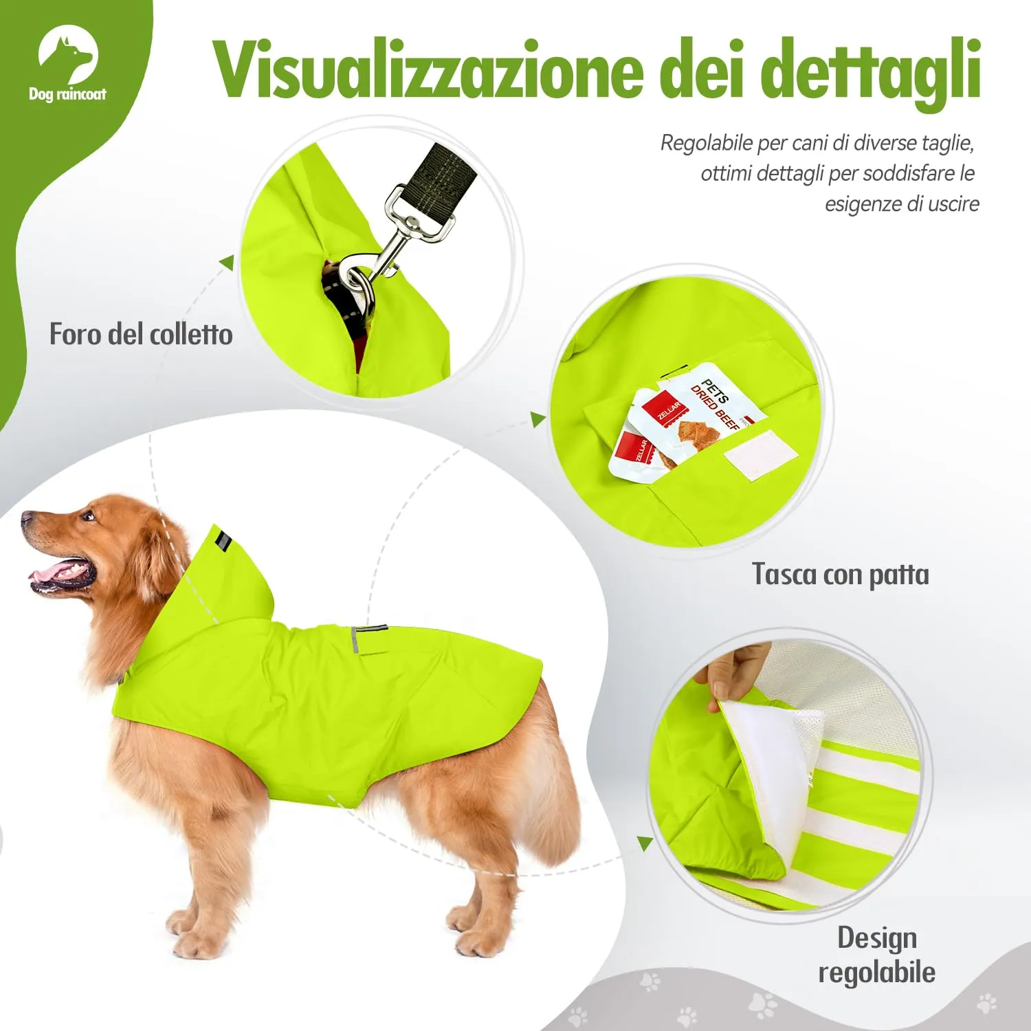 Zellar Impermeabile per Cani con Cappuccio, Foro per Colletto e Strisce Riflettenti, Taglia Media Large - immagine 3
