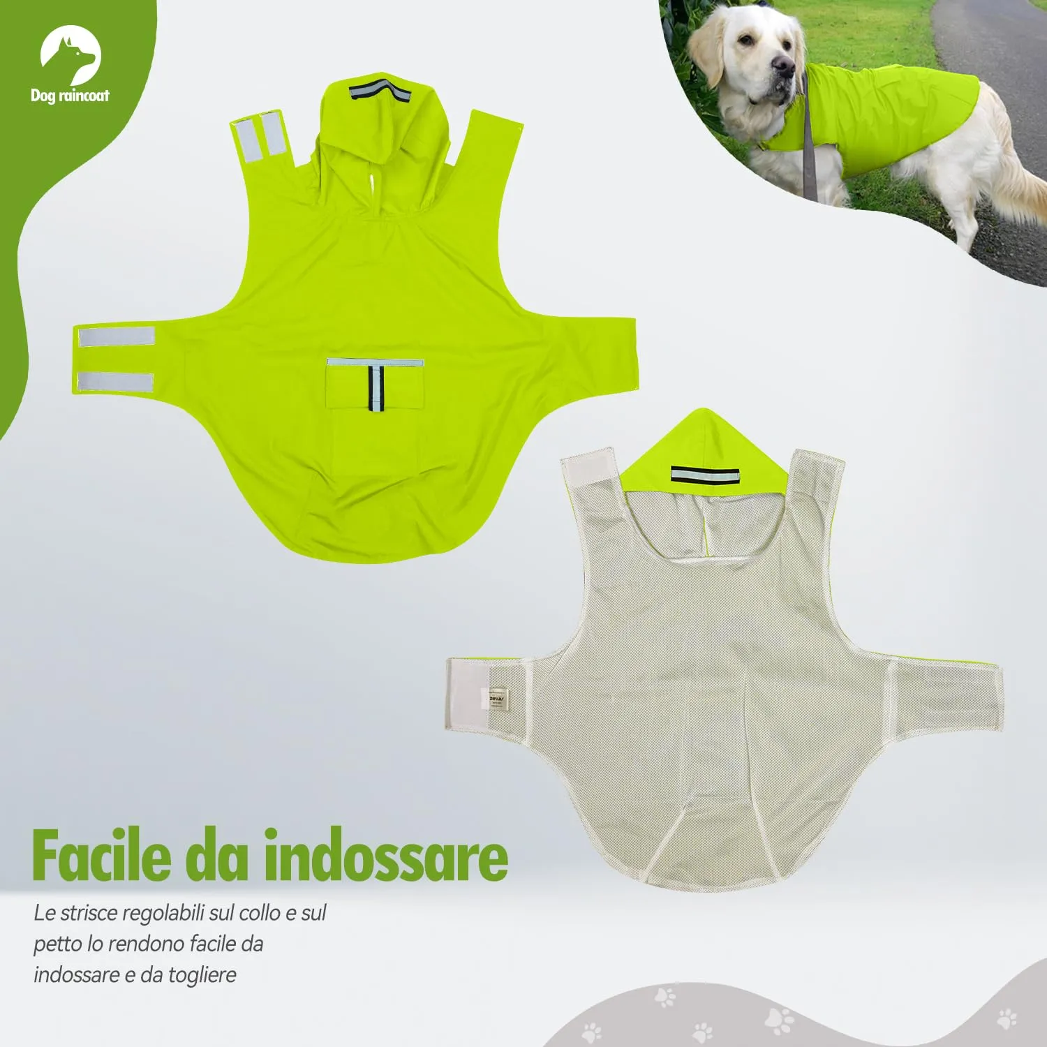 Zellar Impermeabile per Cani con Cappuccio, Foro per Colletto e Strisce Riflettenti, Taglia Media Large - immagine 4