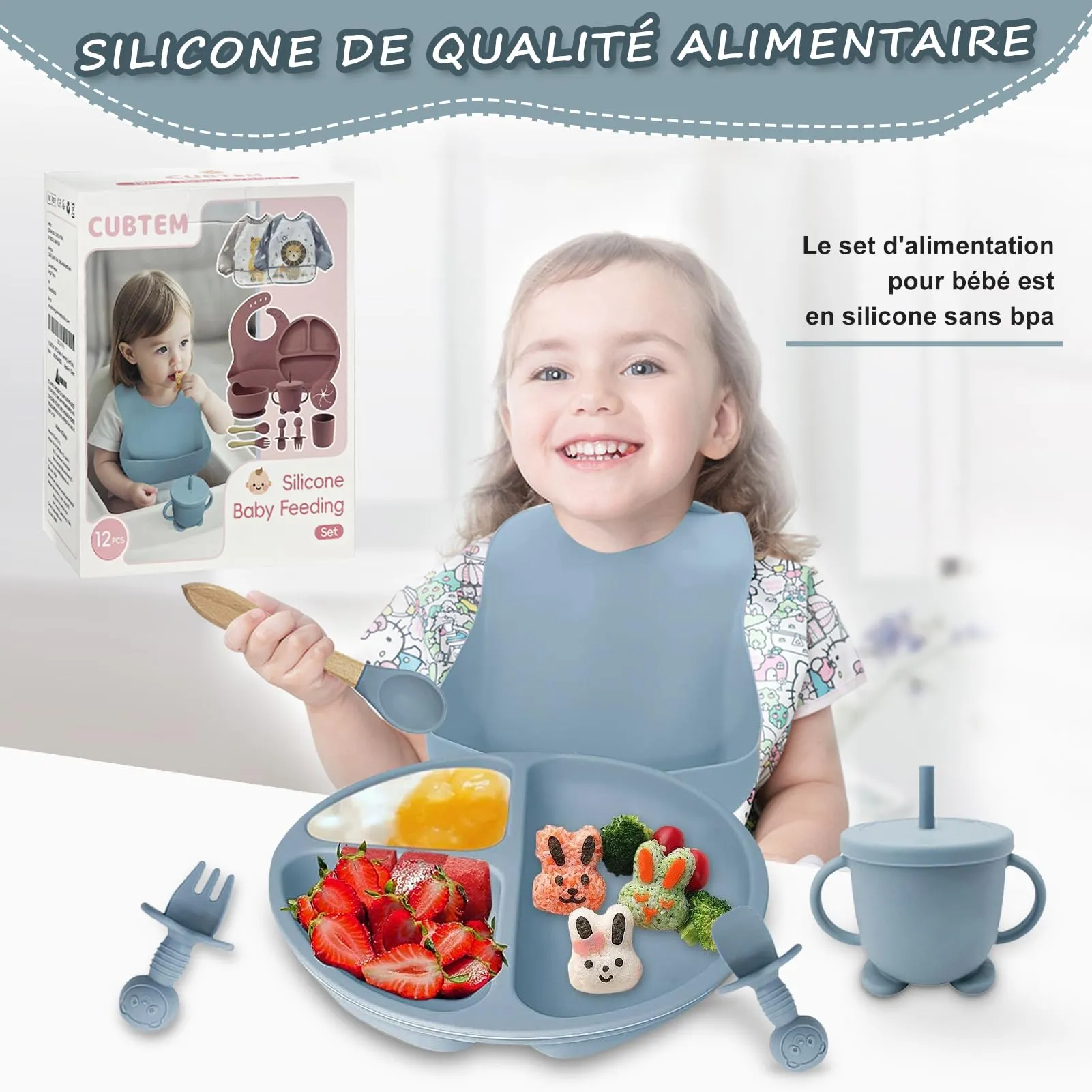 CUBTEM Set Pappa Svezzamento 12 Pezzi, Piatti e Ciotola con Ventosa, Posate, Bavaglino in Silicone e Tazza per Neonati - immagine 2