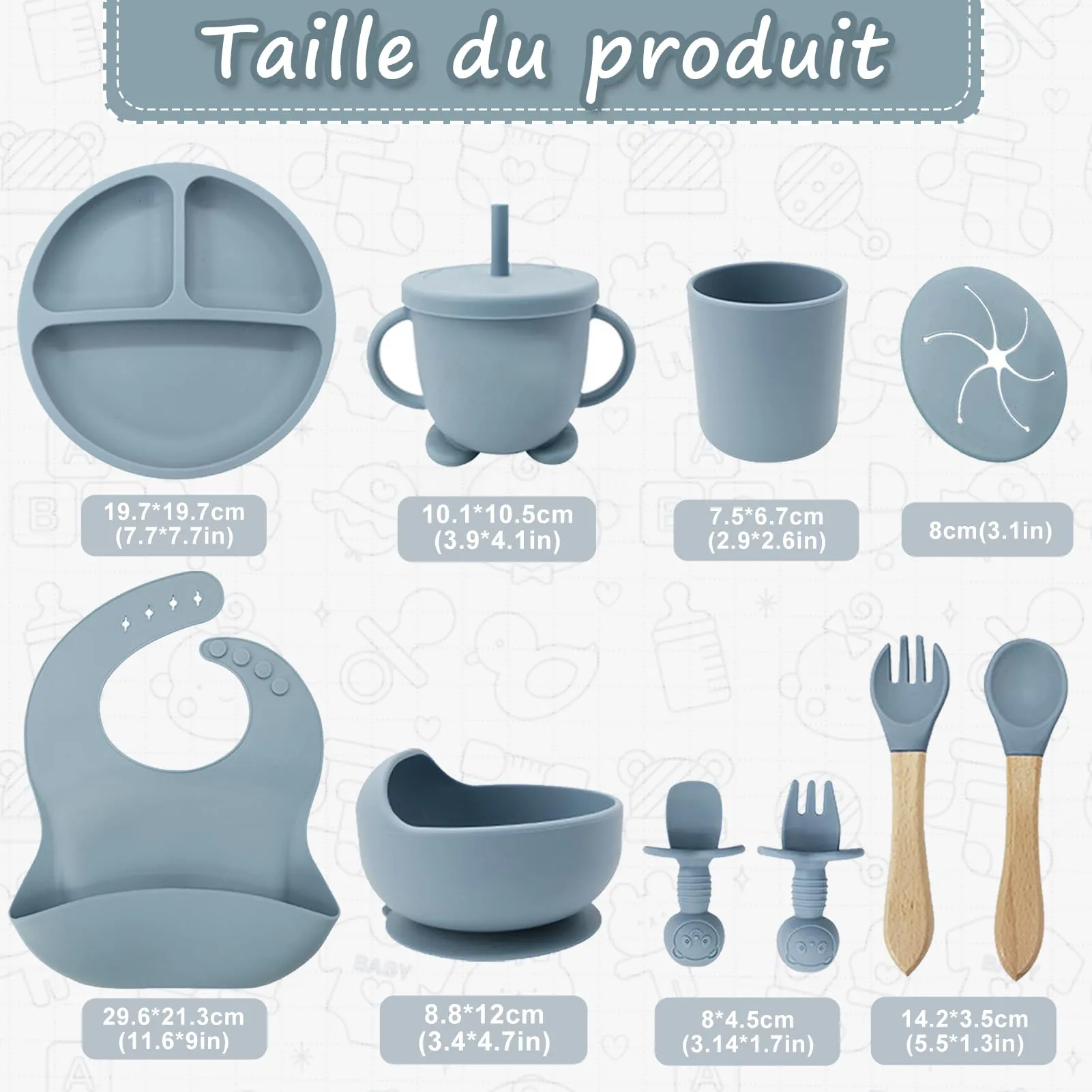 CUBTEM Set Pappa Svezzamento 12 Pezzi, Piatti e Ciotola con Ventosa, Posate, Bavaglino in Silicone e Tazza per Neonati - immagine 7