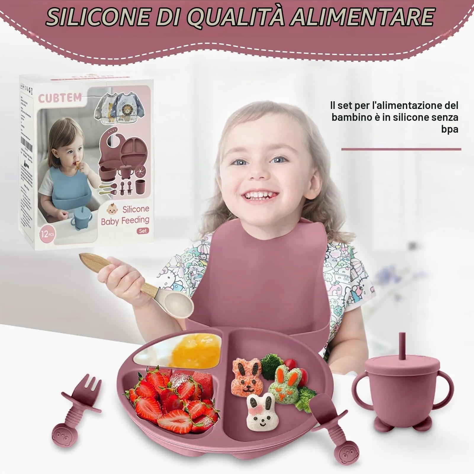 CUBTEM Set Pappa Svezzamento 12 Pezzi in Silicone, con Piatto e Ciotola a Ventosa, Bavaglino, Posate e Tazza per Neonati - immagine 2