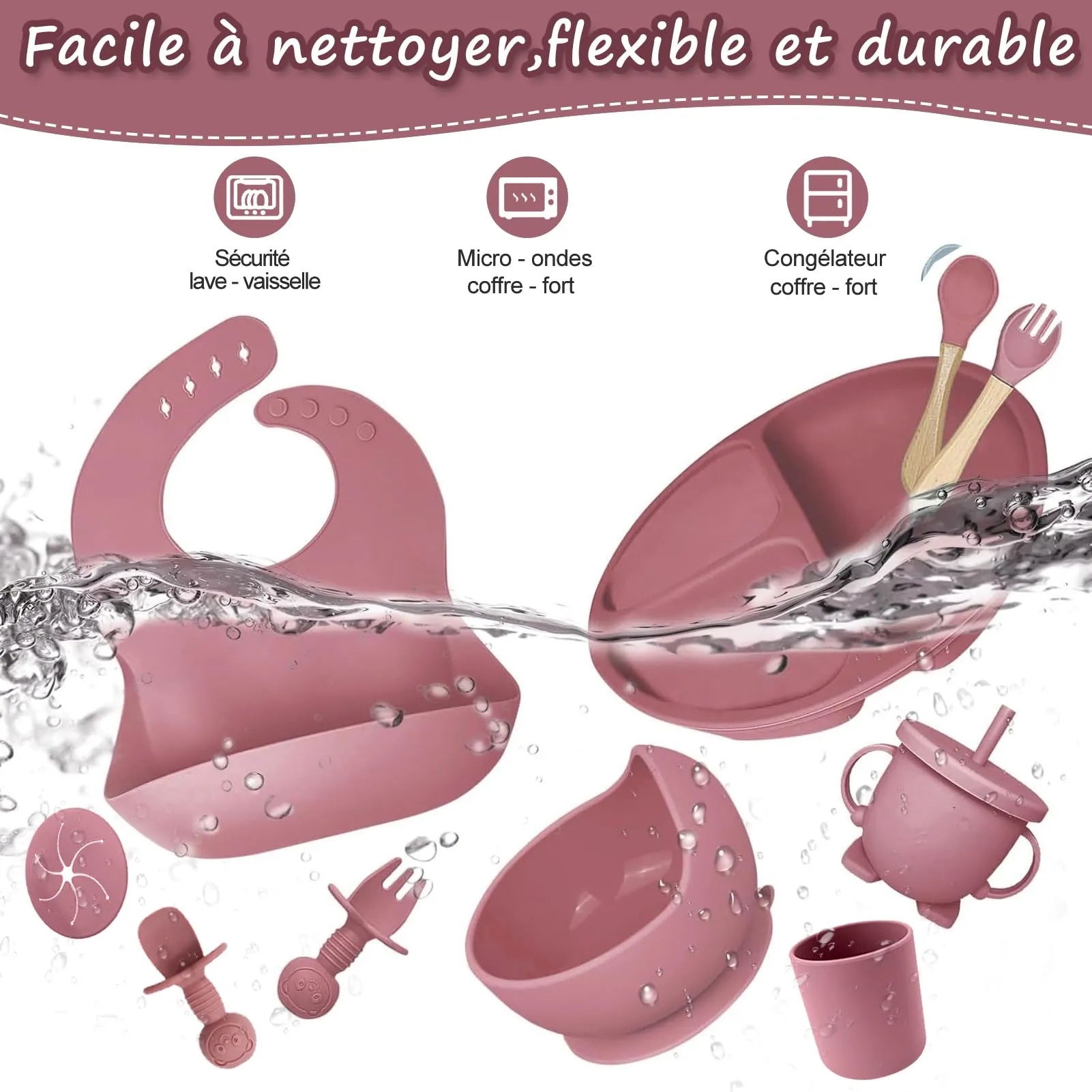 CUBTEM Set Pappa Svezzamento 12 Pezzi in Silicone, con Piatto e Ciotola a Ventosa, Bavaglino, Posate e Tazza per Neonati - immagine 3