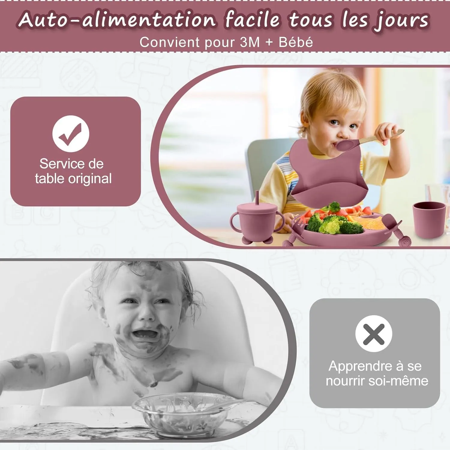 CUBTEM Set Pappa Svezzamento 12 Pezzi in Silicone, con Piatto e Ciotola a Ventosa, Bavaglino, Posate e Tazza per Neonati - immagine 6