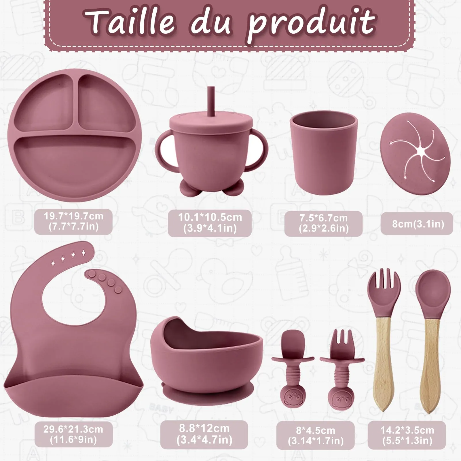 CUBTEM Set Pappa Svezzamento 12 Pezzi in Silicone, con Piatto e Ciotola a Ventosa, Bavaglino, Posate e Tazza per Neonati - immagine 7