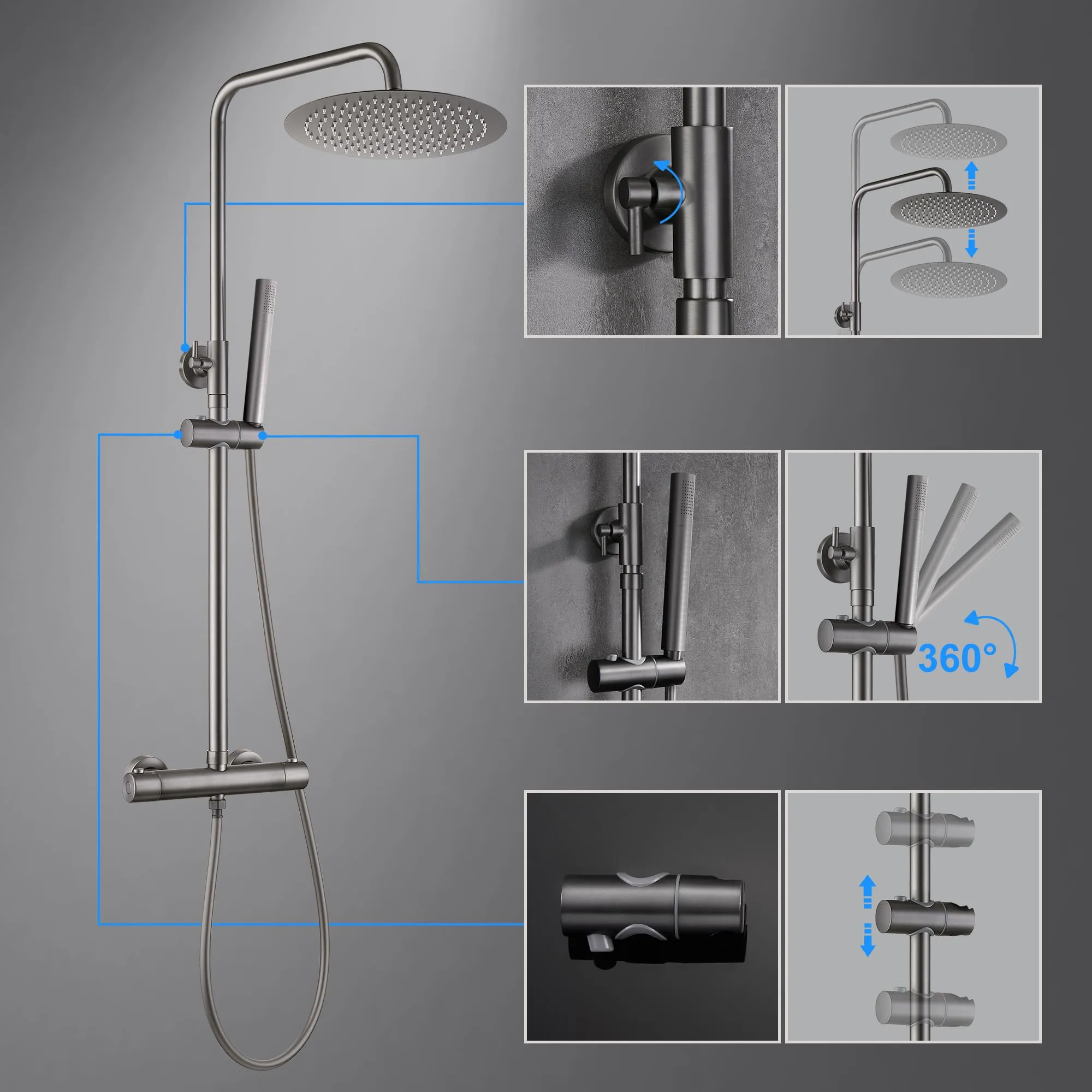 Görbach Colonna Doccia Acciaio Inox con Miscelatore Termostatico e Soffione 25 cm, Grigio - immagine 5